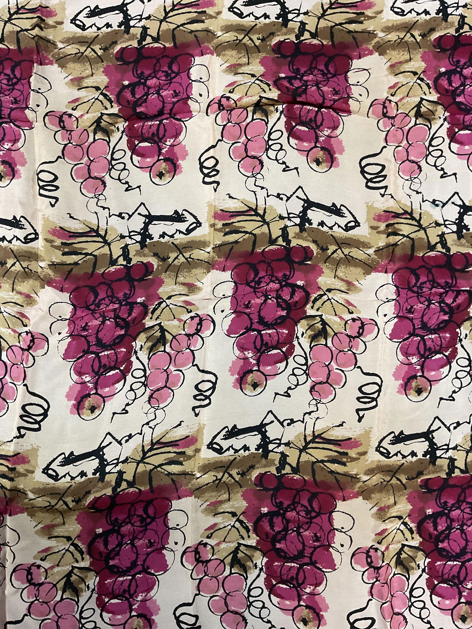 Vintage Vera Silk Purple Grape Scarf: Vintage Vera silk scarf with grape print in purple. Measures approx 30 x 30 inches. Some wear including pulling and blemishes. Vera scarf, designer scarf, vintage scarf, purple scarf, grape scarf, sil