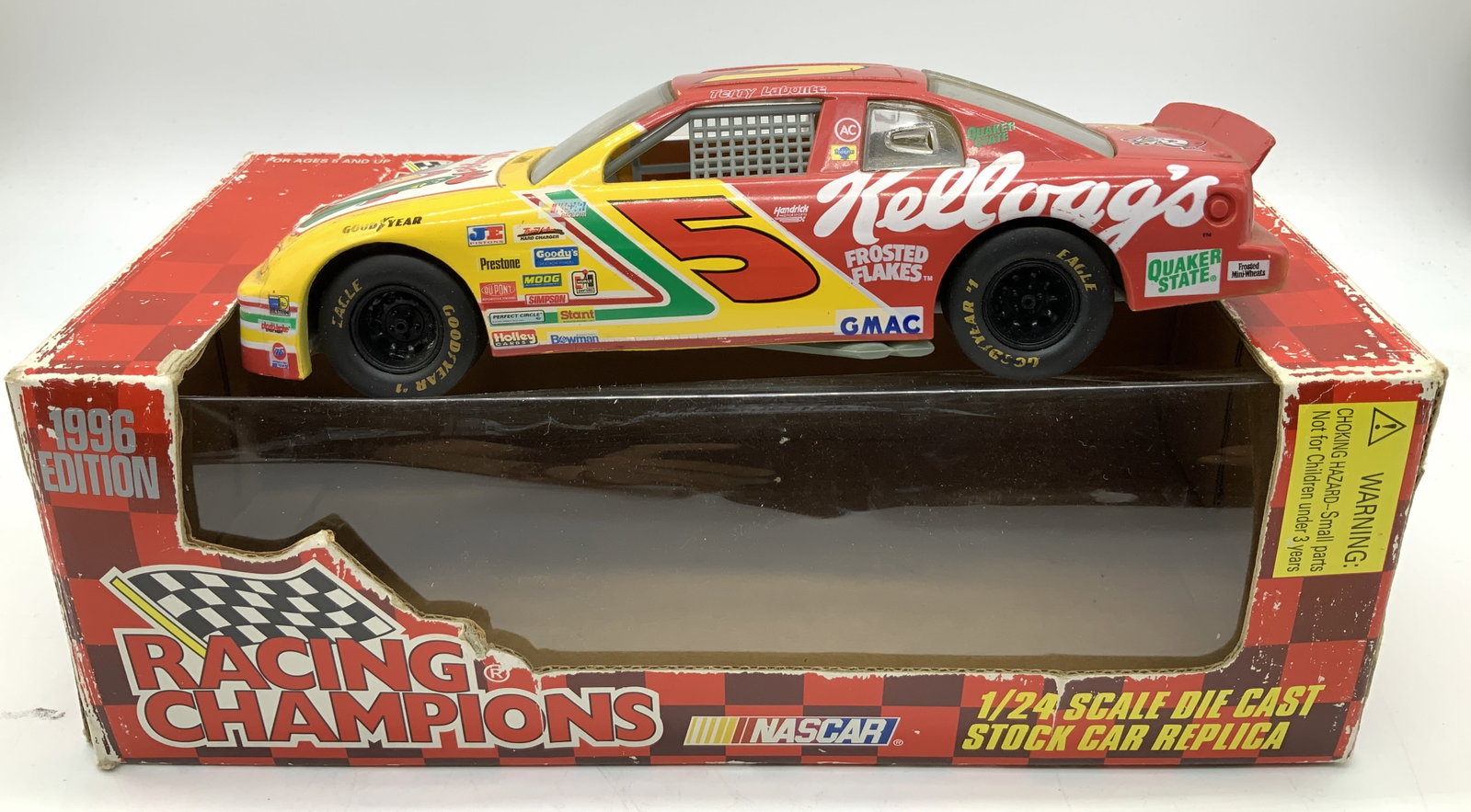 NASCAR 1996 Terry#5 Kelloggs 1:24 Dicast Metal Car: NASCAR 1996 Terry#5 Kelloggs 1:24 Dicast Metal Car 1:24 die-cast metal replica of Terry Labontes #5 Kelloggs NASCAR Chevrolet Monte Carlo. Metal car is a limited edition & features Kelloggs sponsor. C