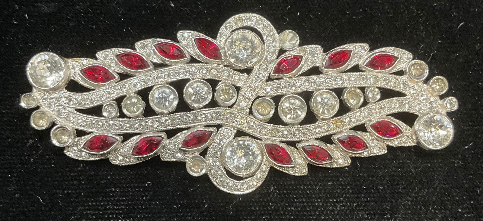 Vtg Silver Tone Red Colorless Crystal Brooch 3 In (1 of 6)