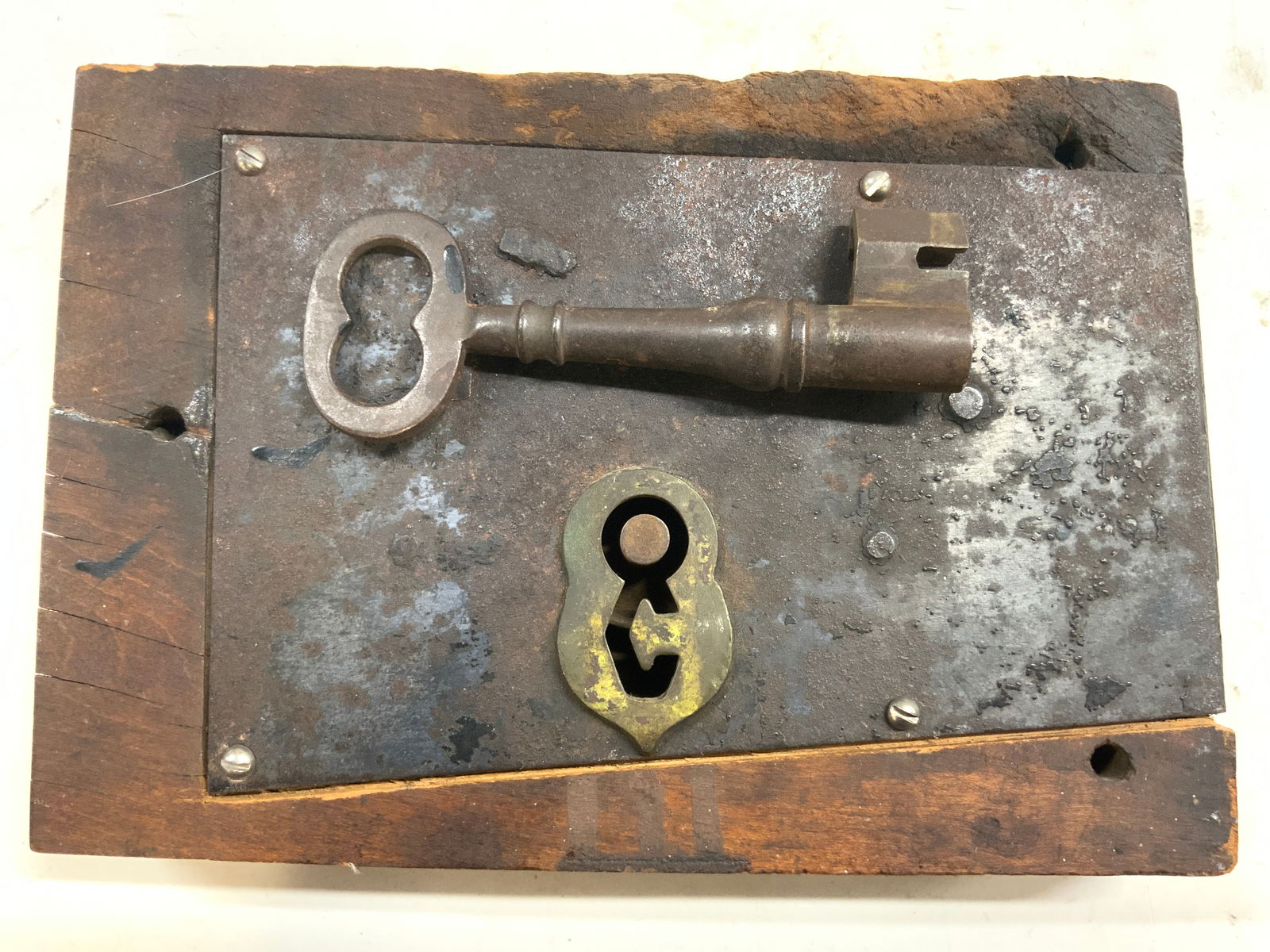 Atq 19th C Eng Iron Door Lock W Wood frame & Key (1 of 9)