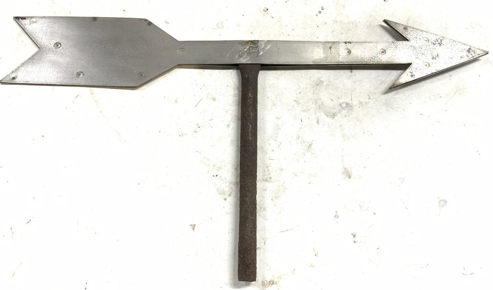 Vtg American Folk Art Metal Weathervane 10in: Weathervane appears to be vintage possibly antique. Silver toned cut out sheets of brushed metal on iron cylindrical shaft. American folk art weathervane. Weathervane possibly hand crafted. Piece meas