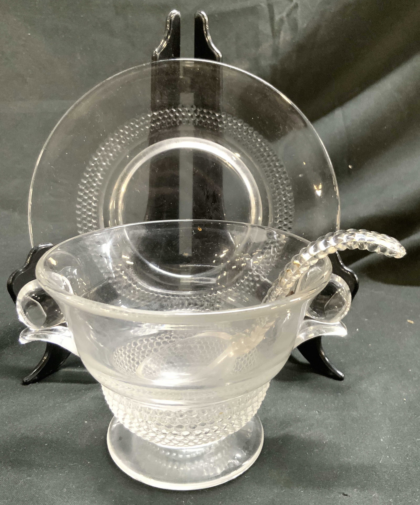 Duncan & Miller Gls Co Teardrop Mayo Bwl Plt & Spn: Pieces in lot appear to be DUNCAN & MILLER GLASS COMPANY. Lot includes 1 Mayonnaise bowl, 1 underplate, & 1 Spoon. Each piece in lot has teardrop pattern. Bowl is footed. Plate measures approximately 
