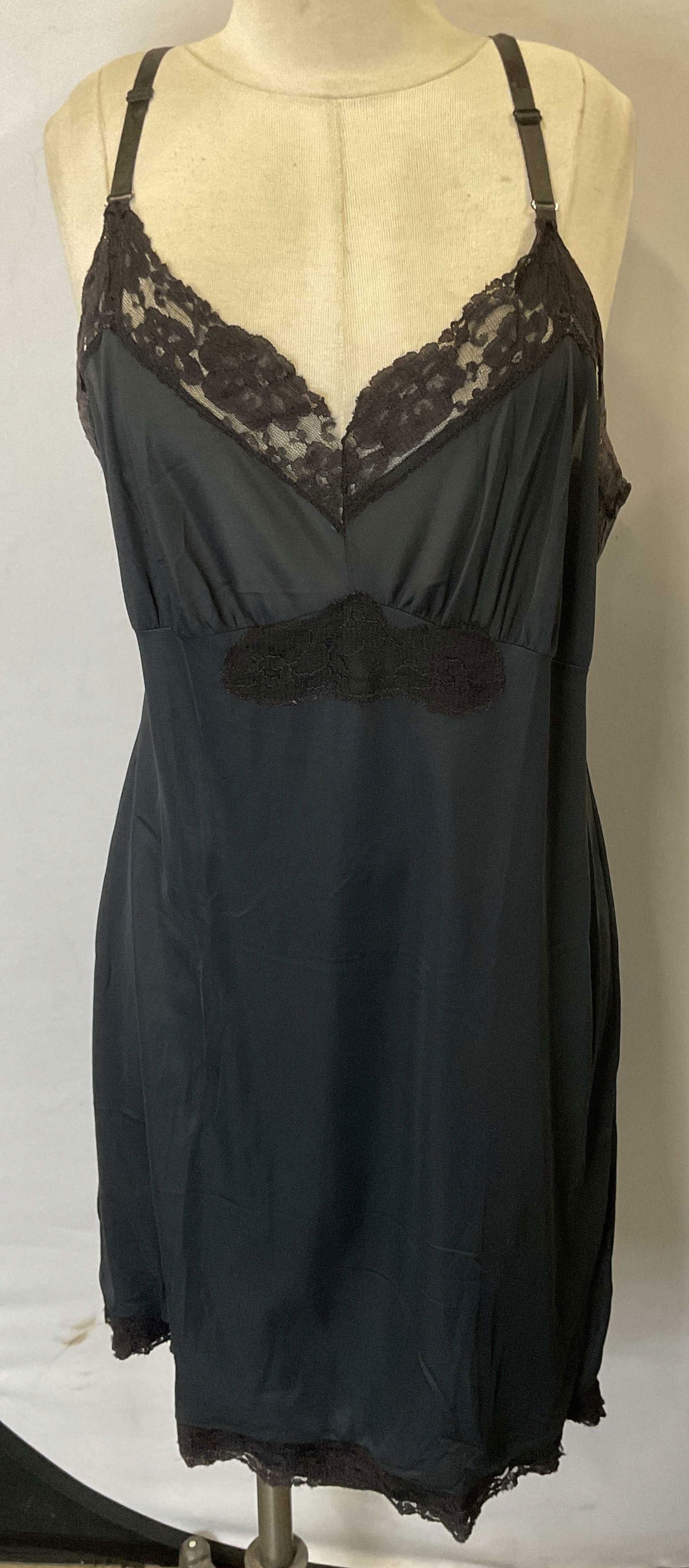 Vintage Nancy King Black Lace Slip Dress: Vintage Nancy King Lingerie black lace trim slip dress. Size 44. All synthetic material. Wear including discoloration and tearing to lace observed. Nancy king slip, Nancy king slip dress, black slip d