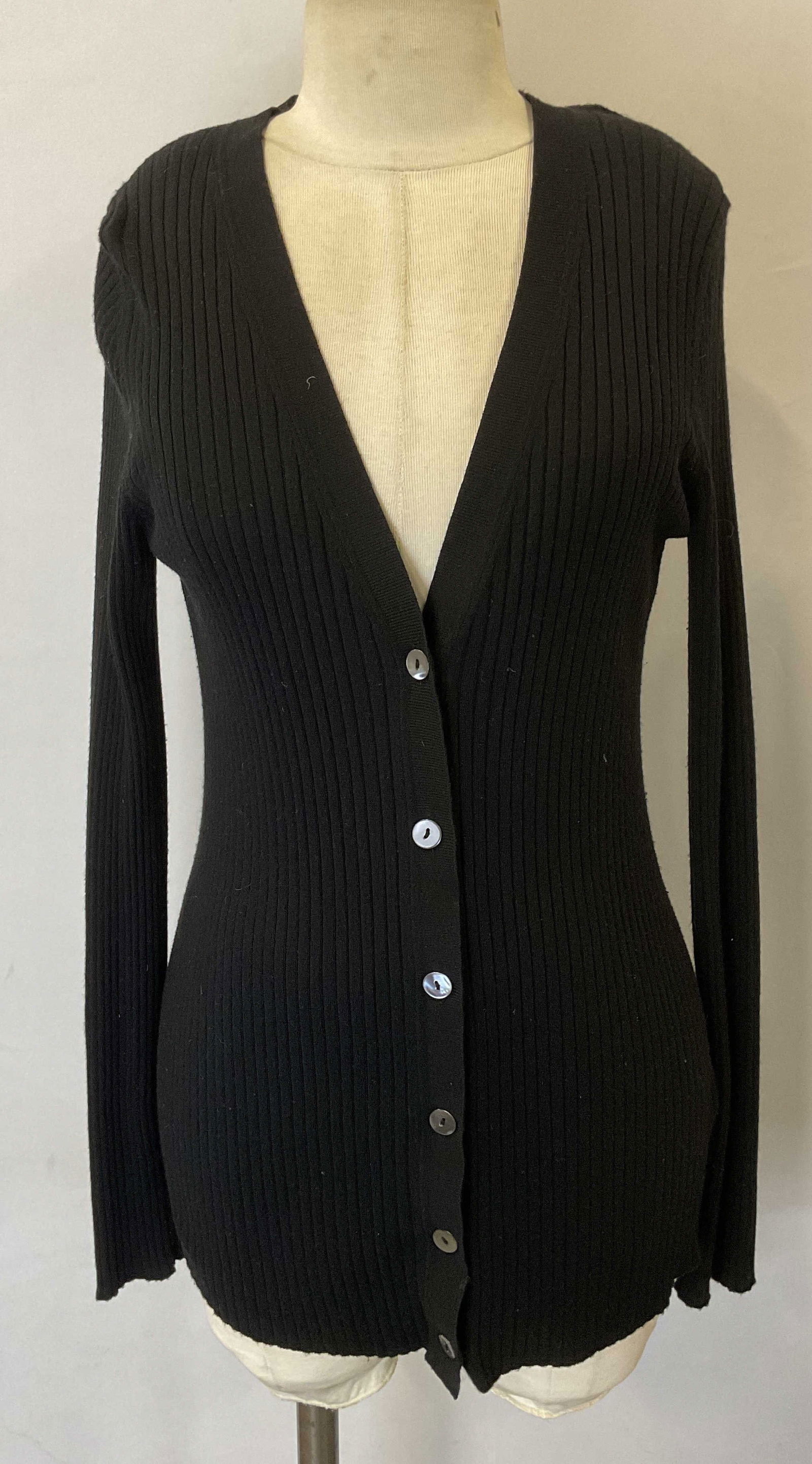 Vince Black Rib Knit Cardigan Sweater: Vince black rubbed knit cardigan sweater with front button. Size large. Synthetic blend with cashmere. Some wear to material consistent with exposure. Vince, Vince sweater, Vince cardigan, designer sw
