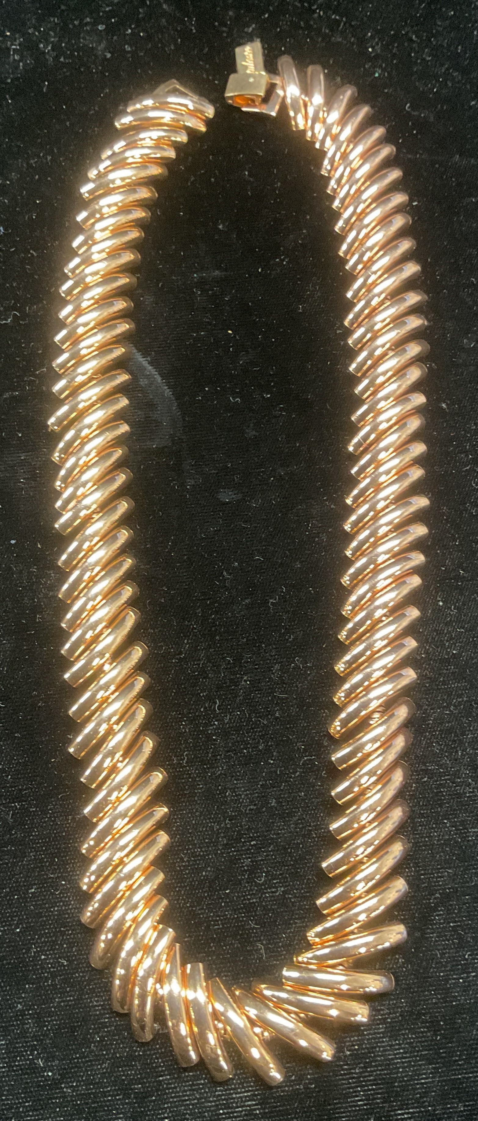 Tuleste Copper Tube Link Necklace: Tuleste copper toned tube link necklace. Signed. Drop length approx 7.5 inches. Some wear including scratching. Jewelry, estate jewelry, costume jewelry, cocktail jewelry, fashion jewelry, accessories