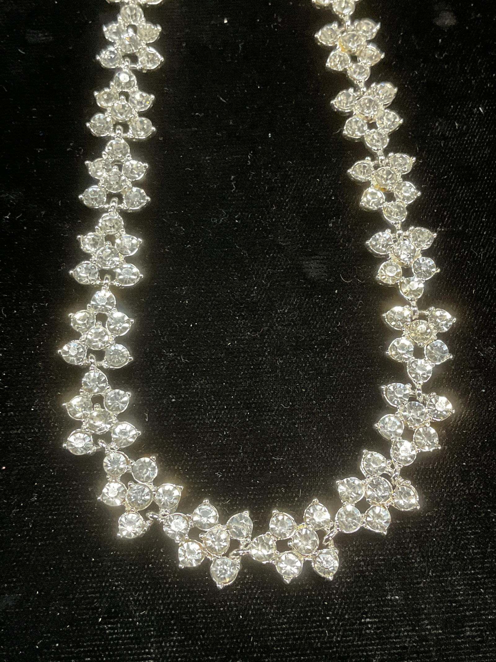 Anne Klein Silver Tone Crystal Necklace: Anne Klein silver tone colorless crystal panel necklace. Signed. Drop length approx 9 inches. Some wear including scratching. Jewelry, estate jewelry, costume jewelry, cocktail jewelry, fashion jewelr