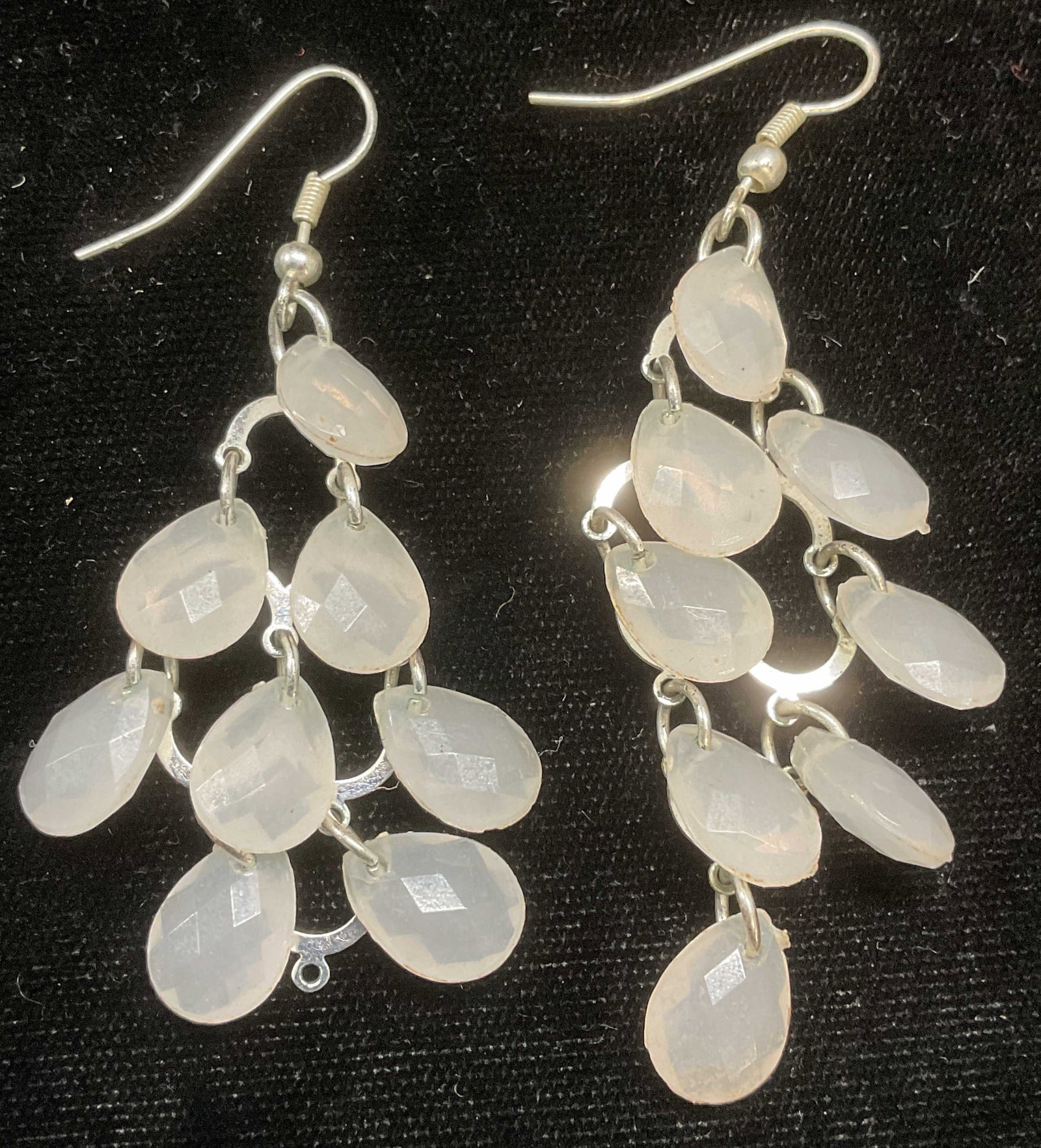 Vintage White Crystal Chandelier Earrings: Vintage silver tone white crystal chandelier earrings. Measure approx 2,25 inches long. One crystal needs replacement. Some wear including scratching. Jewelry, estate jewelry, costume jewelry, cocktai