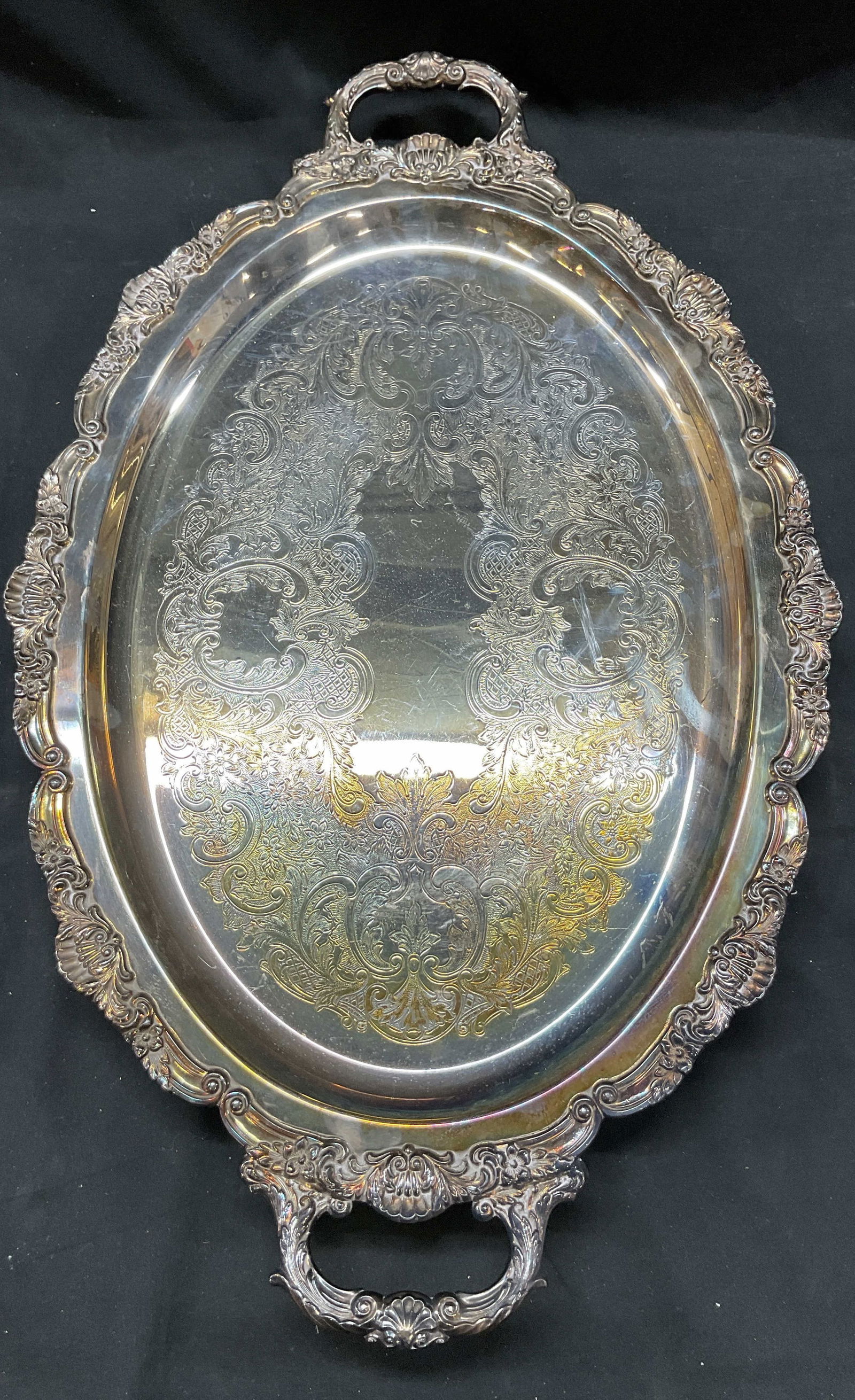 Vtg Ornate Oval Silver Plated Footed Serving Tray (1 of 11)