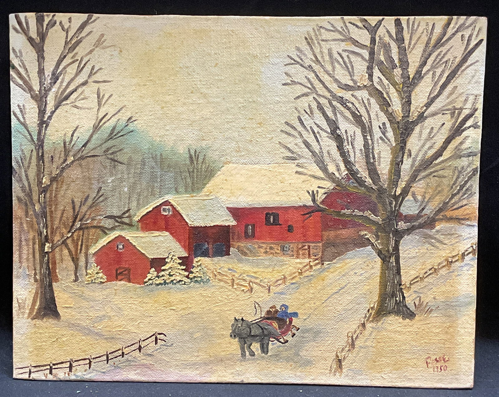 Signed Passe Winter Farm Scene Oil Painting 1950: Oil on canvas board painting. Signed and dated at lower right, Passe, 1950. Pastoral winter farm scene with children sledding, barn, and landscape. Board measures approx 8 x 10 inches. Some discolorat
