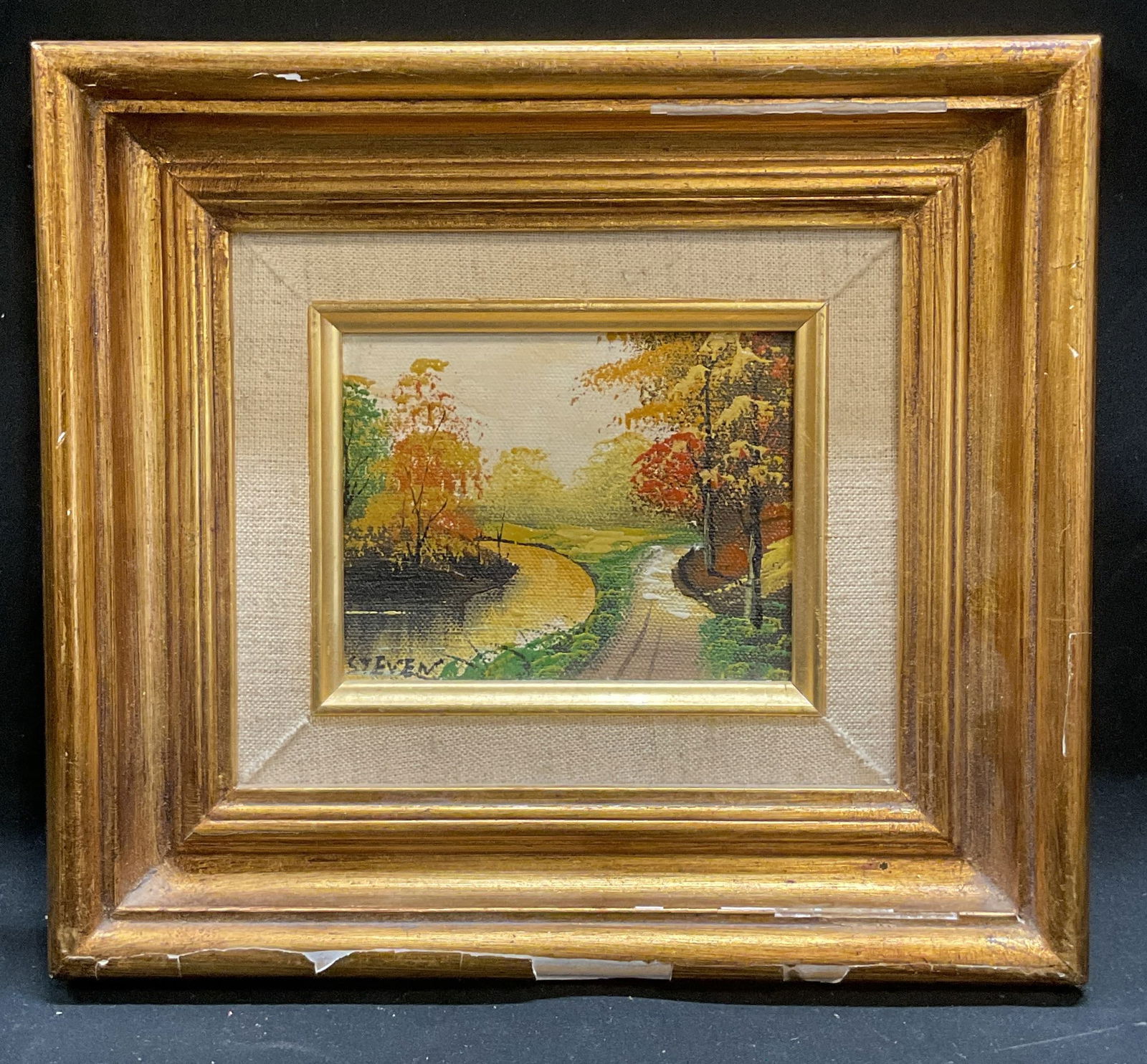 Signed Steven Park Landscape Oil Painting: Framed oil on panel painting. Signed at lower left, Steven. Label on verso Genuine Oil Painting by Steven. Hand painted in Taiwan. Rosstex International Corporation. Pastoral landscape park scene with