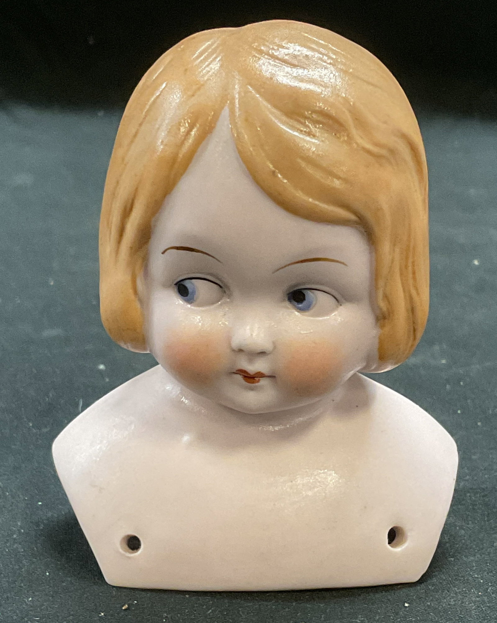 Vtg Hand Painted Porcelain Baby Doll Head, Germany: Vintage hand painted porcelain baby doll head. Made in Germany. Measures approx 2.75 x 1.75 x 3.5 inches. Some wear including hairline crack on reverse. Porcelain doll head, doll head, Vintage doll he