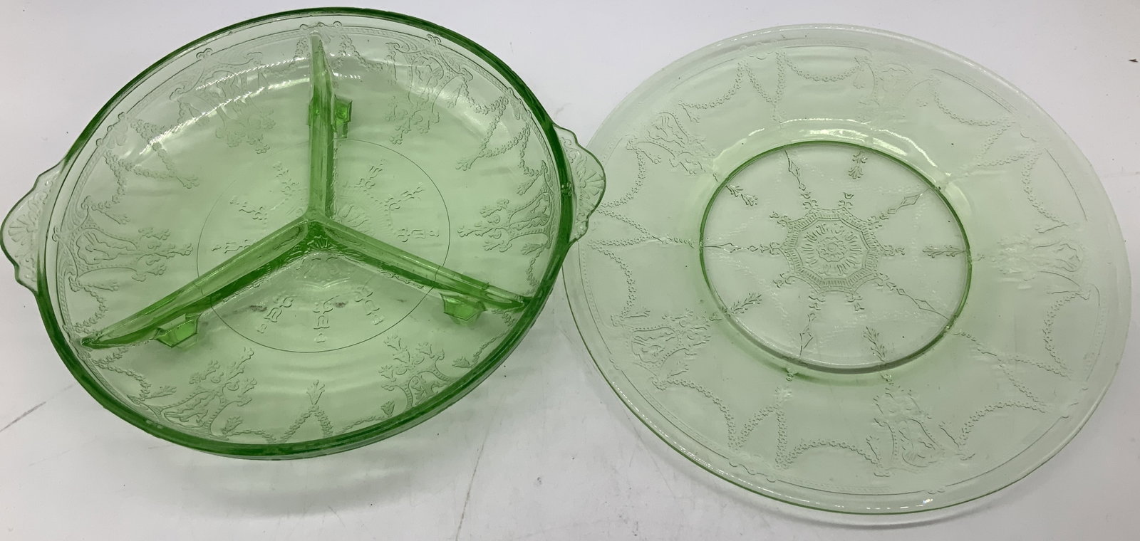 Lot 2 Uranium Glass Ballerina Footed Dish & Plate: Lot 2 Uranium Glass Ballerina Footed Dish & Plate Lot includes, 1 uranium glass tri divided footed dish & 1 uranium glass plate. Plates have an etched ballerina pattern which has dancing figures. Surf