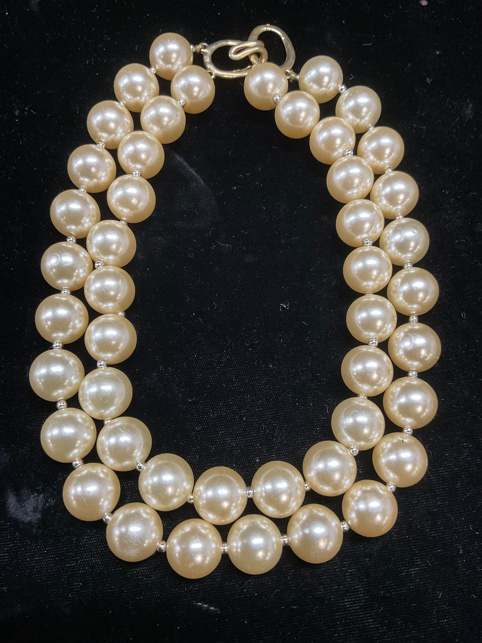 Vintage Chunky Faux Pearl Choker Necklace: Vintage chunky double strand faux pearl beaded choker necklace. Drop length approx 7 inches. Some wear including scratching. Jewelry, estate jewelry, costume jewelry, cocktail jewelry, fashion jewelry