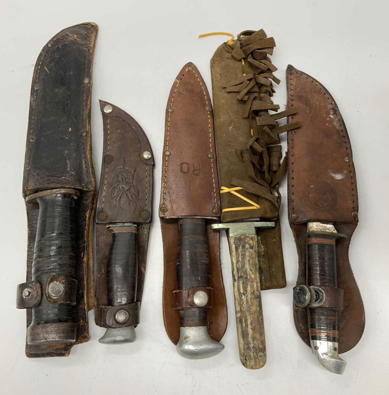 5 Vntg Assorted Stainless Knives W Leather Sheath (1 of 10)