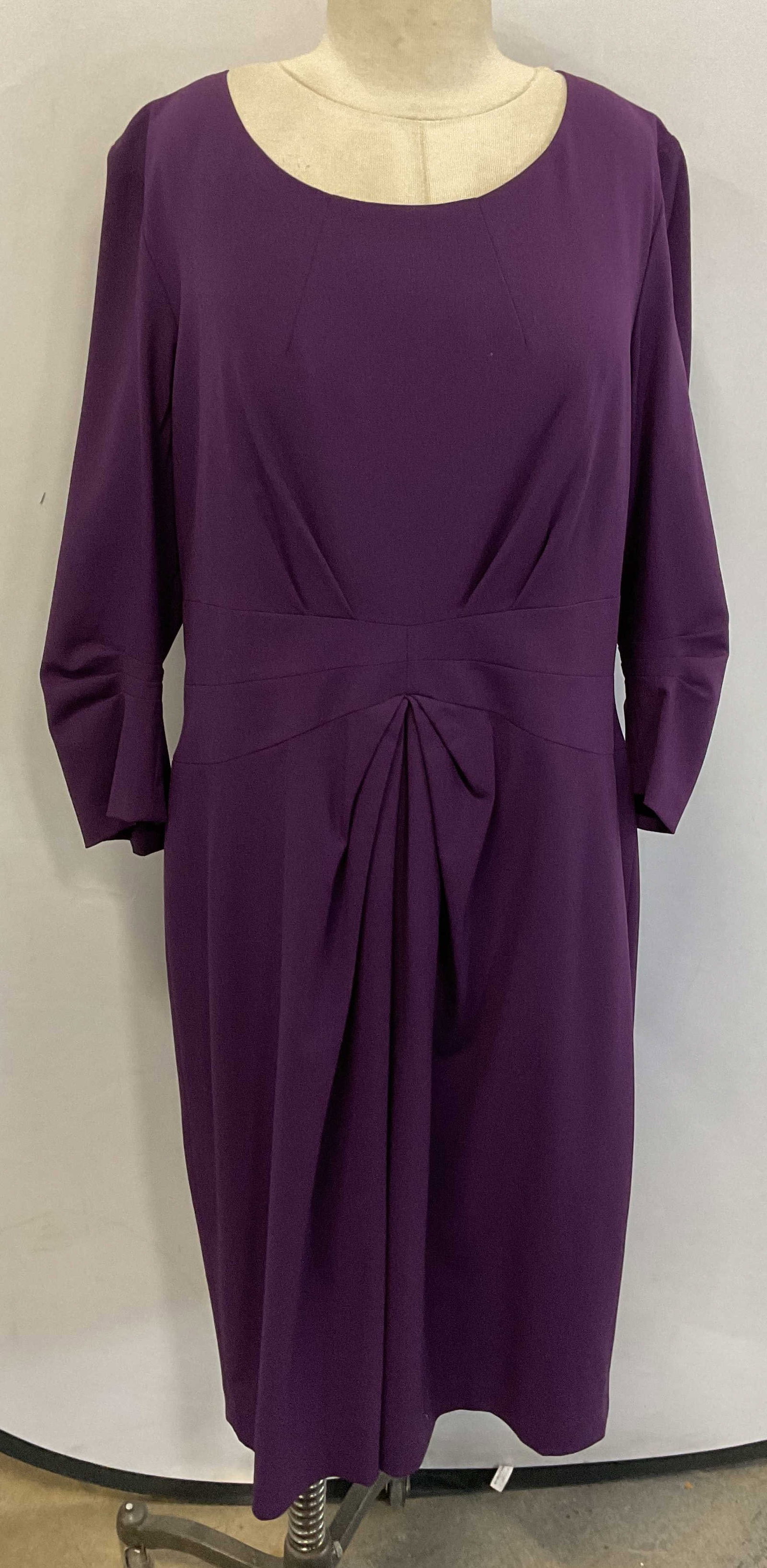 Lafayette 148 Purple Pleated Wool Dress: Lafayette 148 purple long sleeve pleated detail midi dress. Size 14. Wool and Lycra. Gently worn. Lafayette 148 dress, designer dress, purple dress, pleated dress, midi dress, formalwear, evening wear