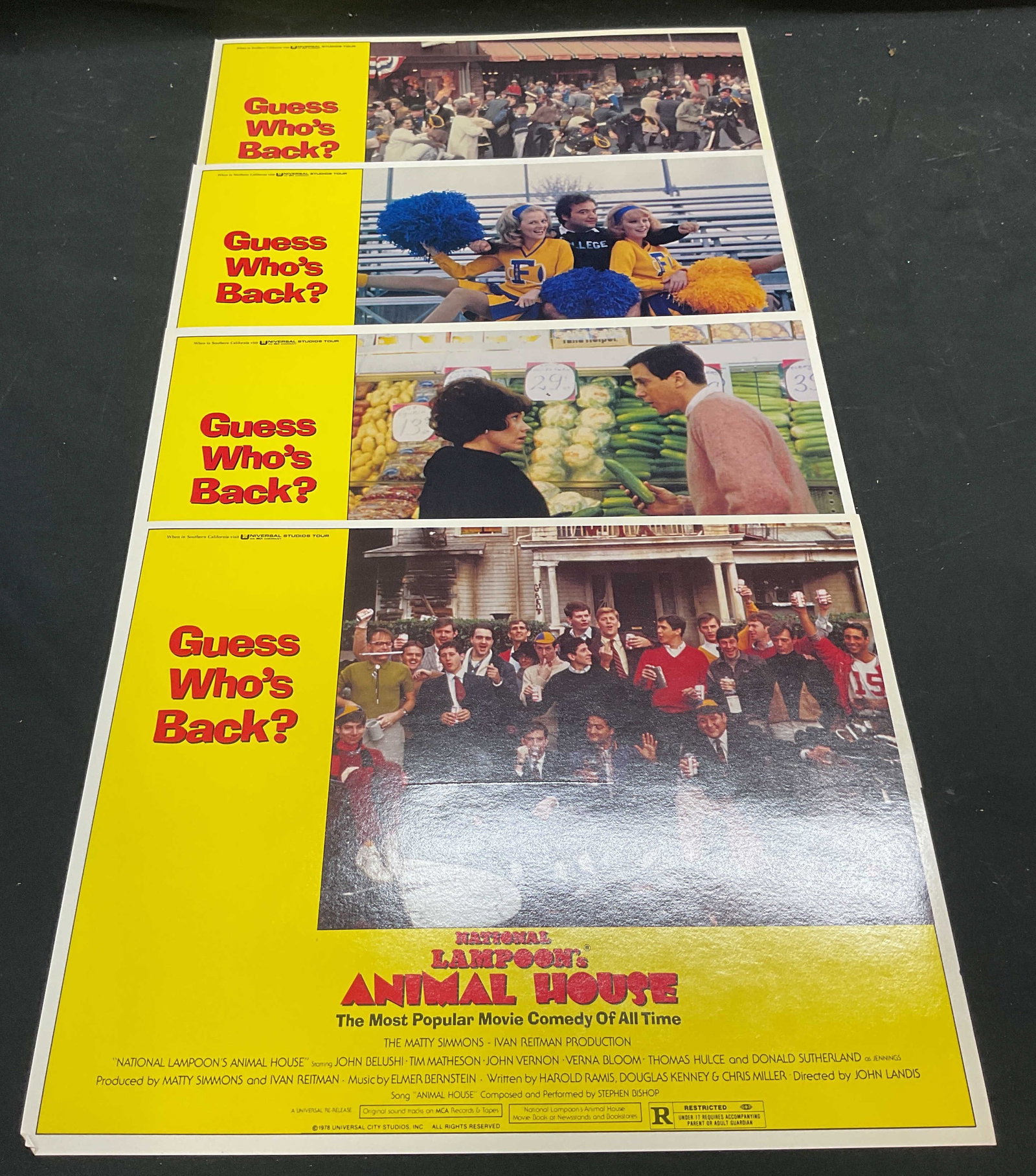 Lot 4 Animal House Lobby Card Posters 1978: Lot of 4 1978 National Lampoons Animal House lobby card posters. Starring John Belushi. Directed by John Landis. Measure approx 11 x 14 inches. Some wear to all consistent with exposure. Lobby cards, 