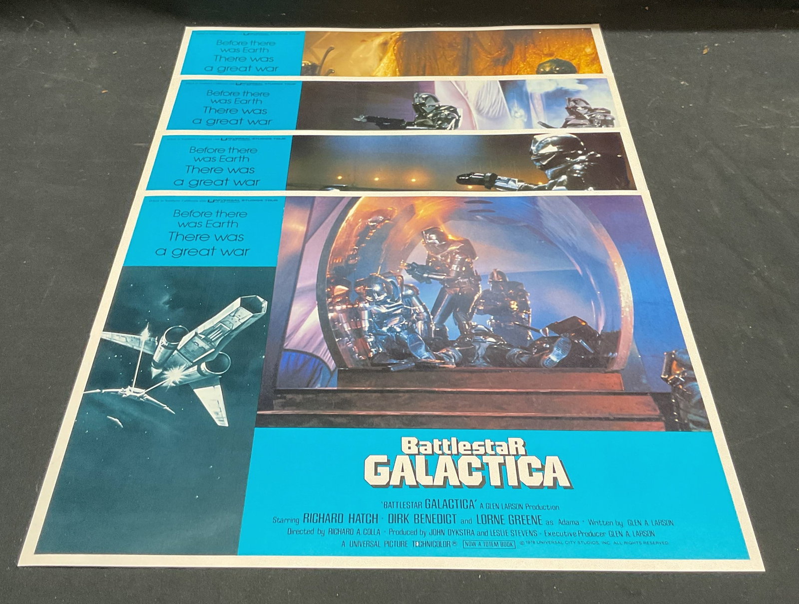 Lot 4 Battlestar Galactica Lobby Card Posters 1979: Lot of 4 1979 Battlestar Galactica lobby card posters. Starring Dirk Benedict, Richard Hatch, Lorne Greene. Directed by Richard A Colla. Measures approx 11 x 14 inches. Some wear to all consistent wit