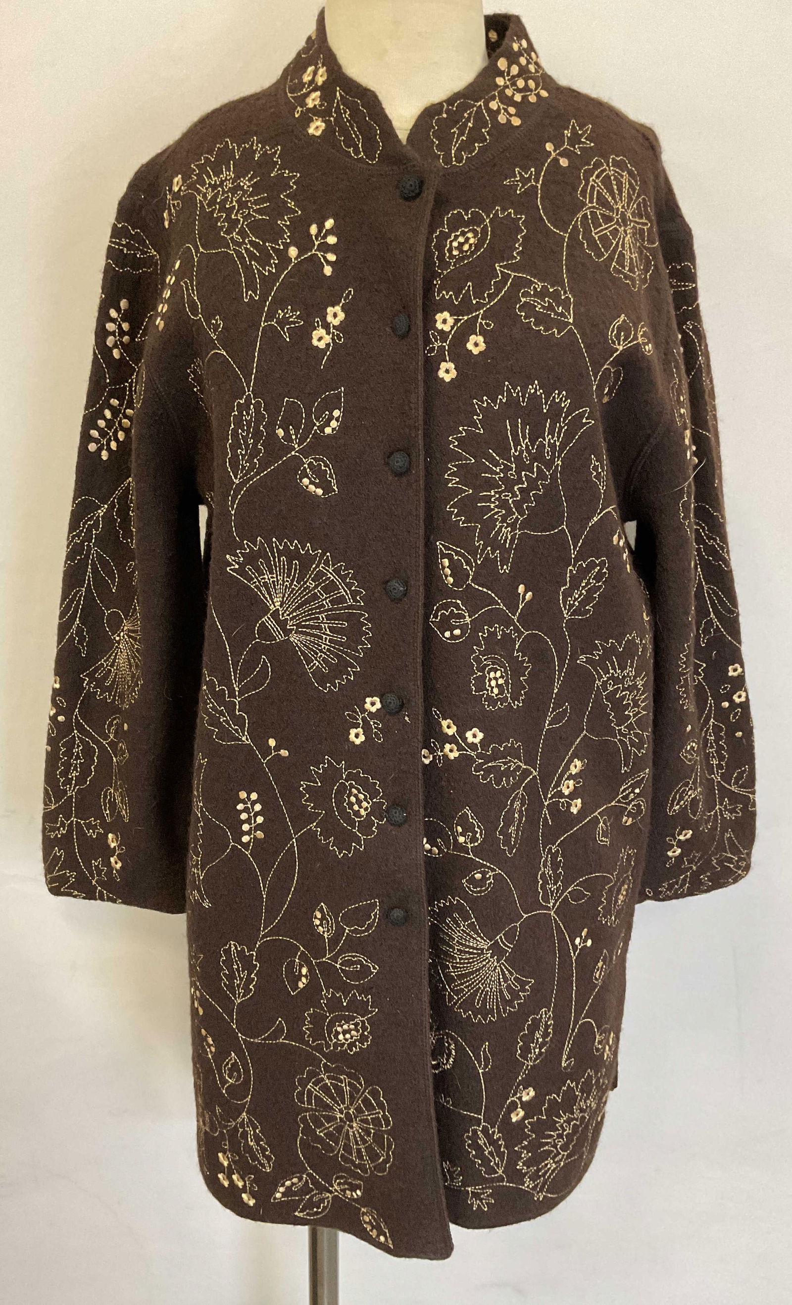 Carole Little Brown Embroidered Wool Coat (1 of 6)