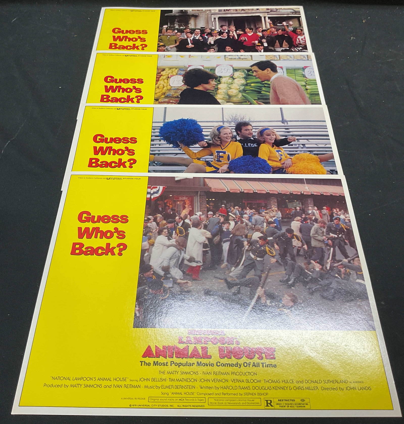 Lot 4 Animal House Lobby Card Posters 1978: Lot of 4 1978 National Lampoons Animal House lobby card posters. Starring John Belushi. Directed by John Landis. Measure approx 11 x 14 inches. Some wear to all consistent with exposure. Lobby cards, 