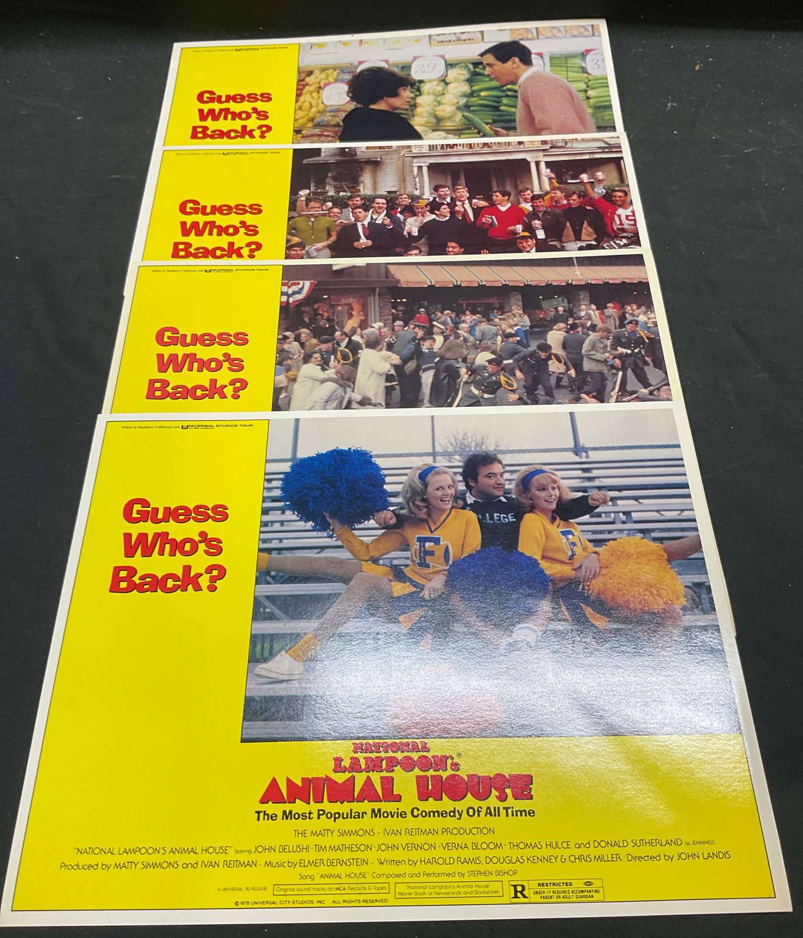 Lot 4 Animal House Lobby Card Posters 1978: Lot of 4 1978 National Lampoons Animal House lobby card posters. Starring John Belushi. Directed by John Landis. Measure approx 11 x 14 inches. Some wear to all consistent with exposure. Lobby cards, 
