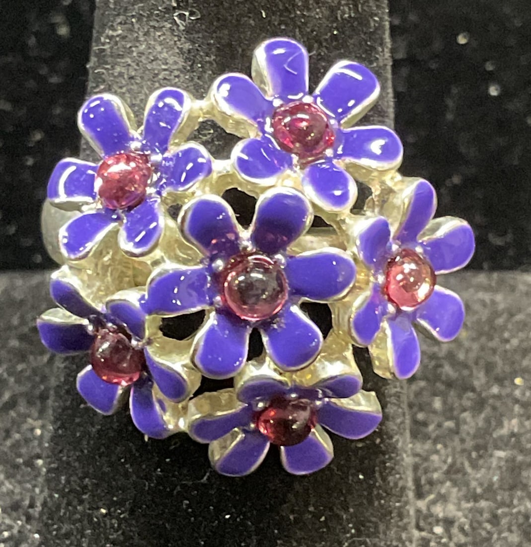 Silver Tone Purple Enamel Crystal Flower Ring (1 of 6)