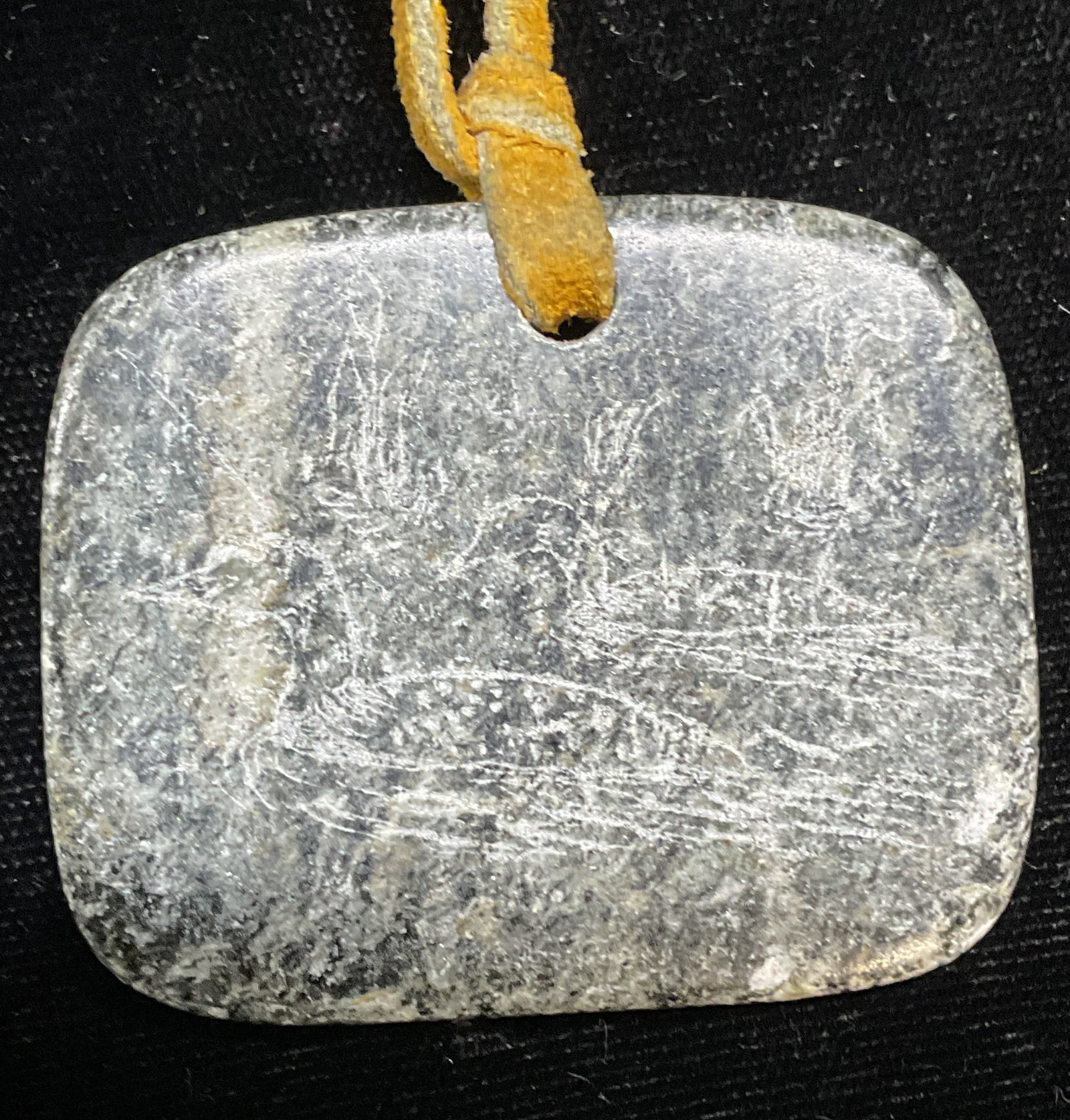 Moosonee Carved Stone Pendant Necklace Ontario: Moosonee hand carved stone pendant with duck motif on leather cord. Signed and marked Ontario. Pendant approx 1.5 x 2 inches. Some wear including scratching. Jewelry, estate jewelry, costume jewelry, 