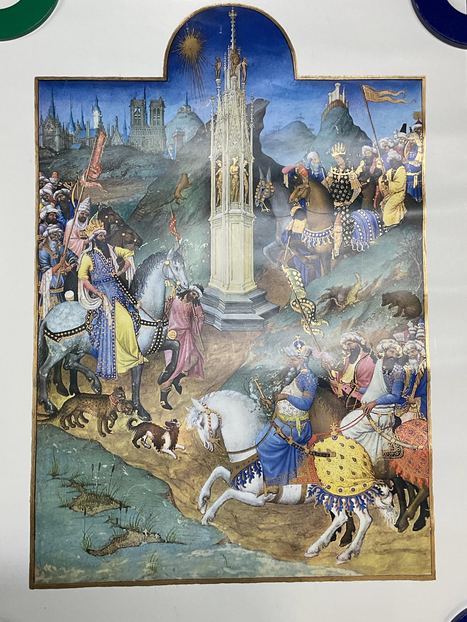 Meeting of the Magi Lithograph, France: Lithograph poster. The Meeting of the Magi from Tres Riches Heures du Duc de Berry. Religious scene with groups of figures. Printed in France. Measures approx 21.5 x 14.5 inches. Some tearing and crea