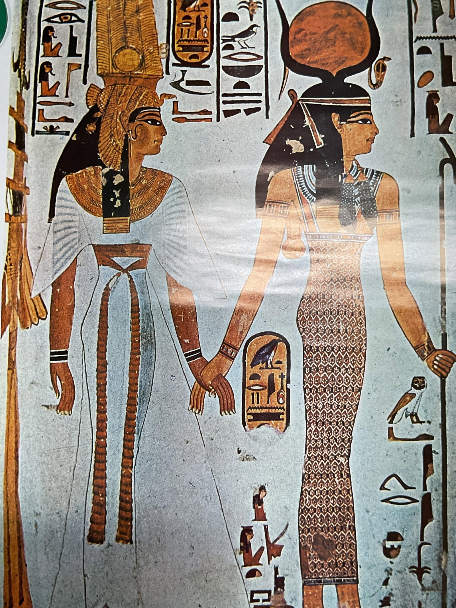 Isis Leading Nefertiti Lithograph Poster: Lithograph poster. Egyptian hieroglyphs, Goddess Isis leading Queen Nefertiti wife of Ramses II. Published by Lehnert and Landrock. Measures approx 27.5 x 19.5 inches. Some creasing and small tears to