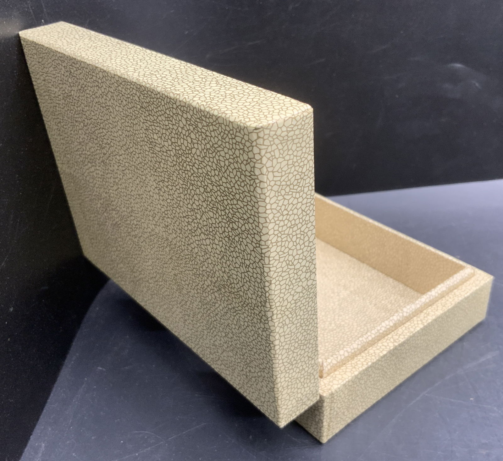 GEORGES BRIARD Sharkskin Style Paper Mache Box: Tag on underside reads GEORGES BRIARD DESIGNS. Keepsake box is cream toned paper mache lined sharkskin style. Box has hinged lid. Piece appears to be vintage. Measures approx 5.5 inches wide 4 inches