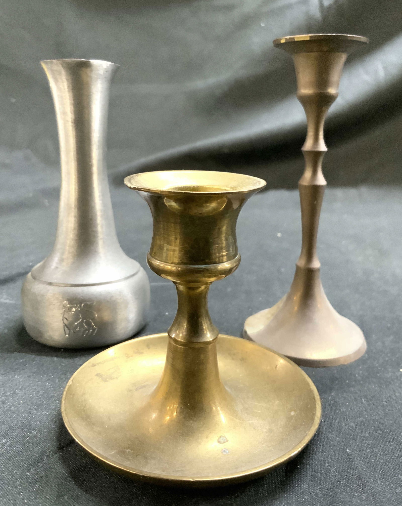 3 Vntg Brass Candlesticks & Vase, Jestens Pewter+ (1 of 7)