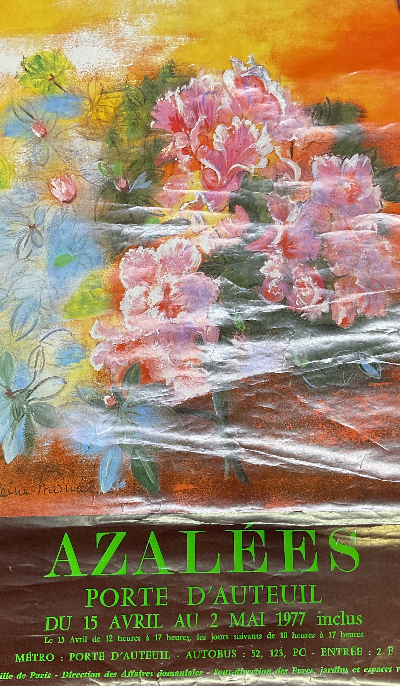 1977 Madeleine Monier Azalees Litho Poster: Lithograph poster. 1977 advertising poster for Madeleine Monier Azalees exhibition at Porte D Auteuil gallery. Still life with flowers. Printed in France. Measures approx 23.5 x 15.5 inches. Creasing 