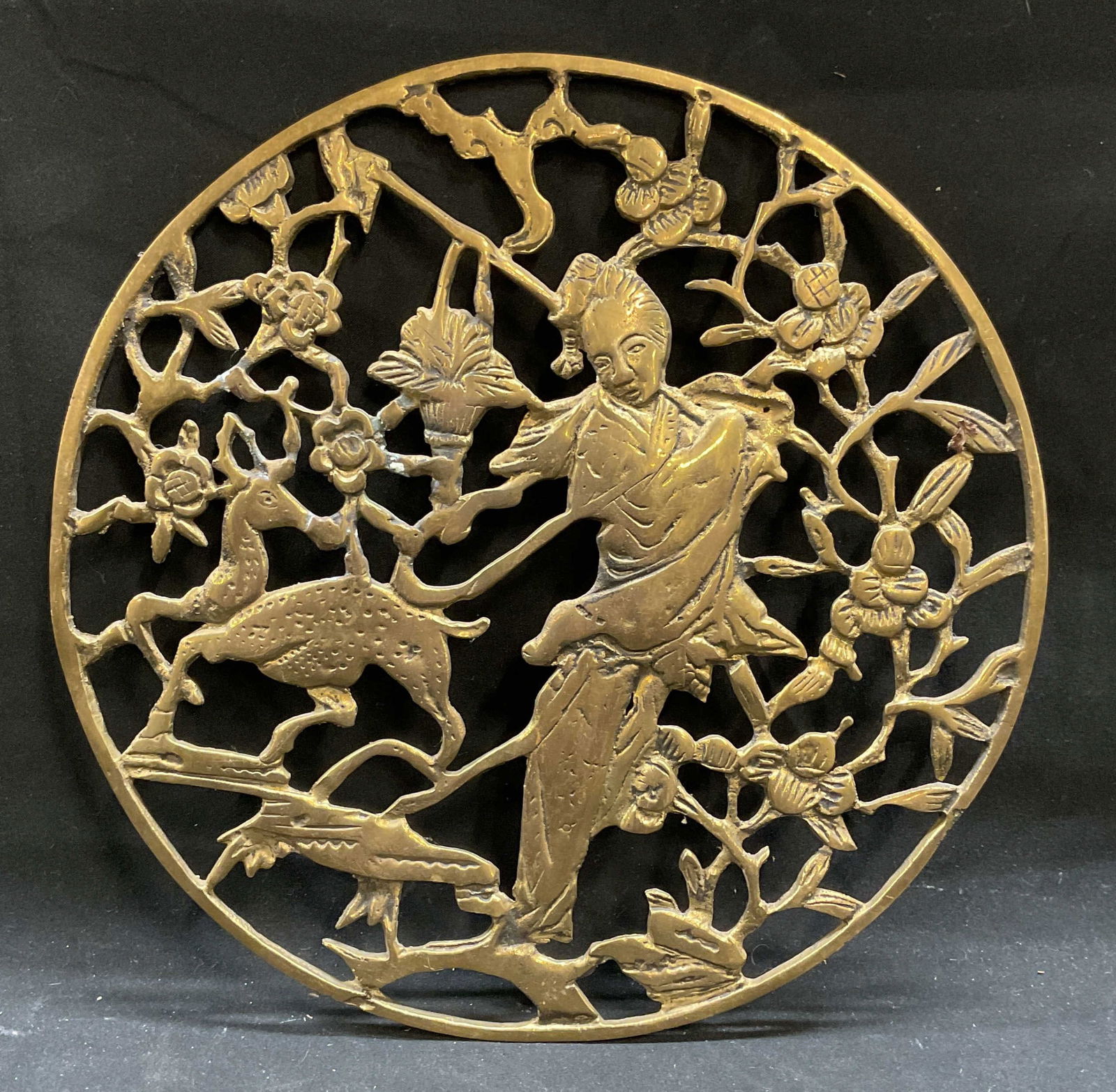 Asian Brass Figure & Deer Wall Plaque (1 of 6)