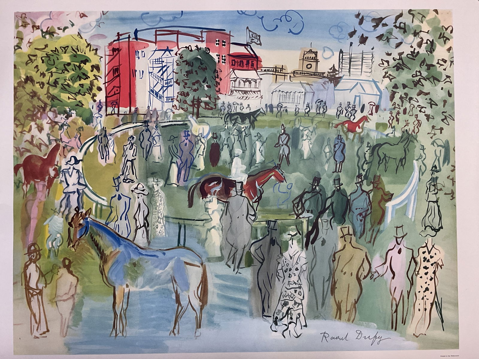 Raoul Dufy Hippodrome Horse Race Litho Poster: Raoul Dufy, Hippodrome - Paddock lithograph poster. Printed in the Netherlands. Equestrian scene with horse race and figures. Measures approx 21 x 26 inches. Some creasing and marks to paper. Art, fin