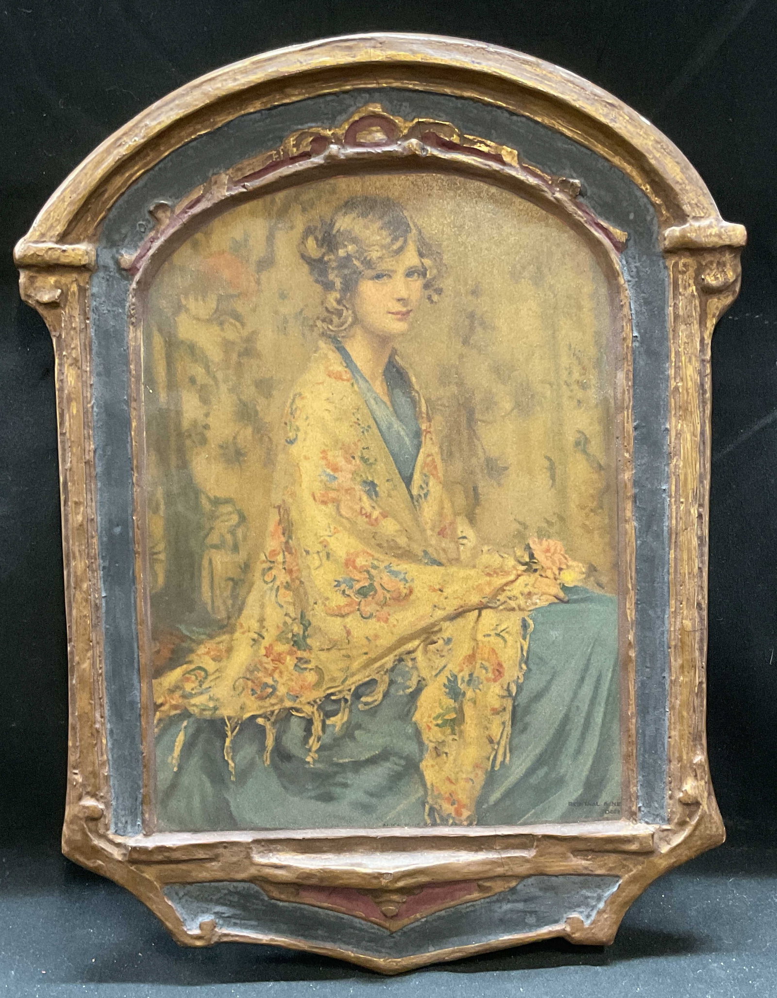 Antq Regal Art Co Alice Roosevelt Litho Plaque USA: Antique Regal Art Co, Chicago, lithograph on wood and gesso plaque. Alice Blue Dress portrait of Alice Roosevelt. Signed on label reads Gesso Duro Craft Regal Art Co. 1234 Alice Blue Gown by Garratt C
