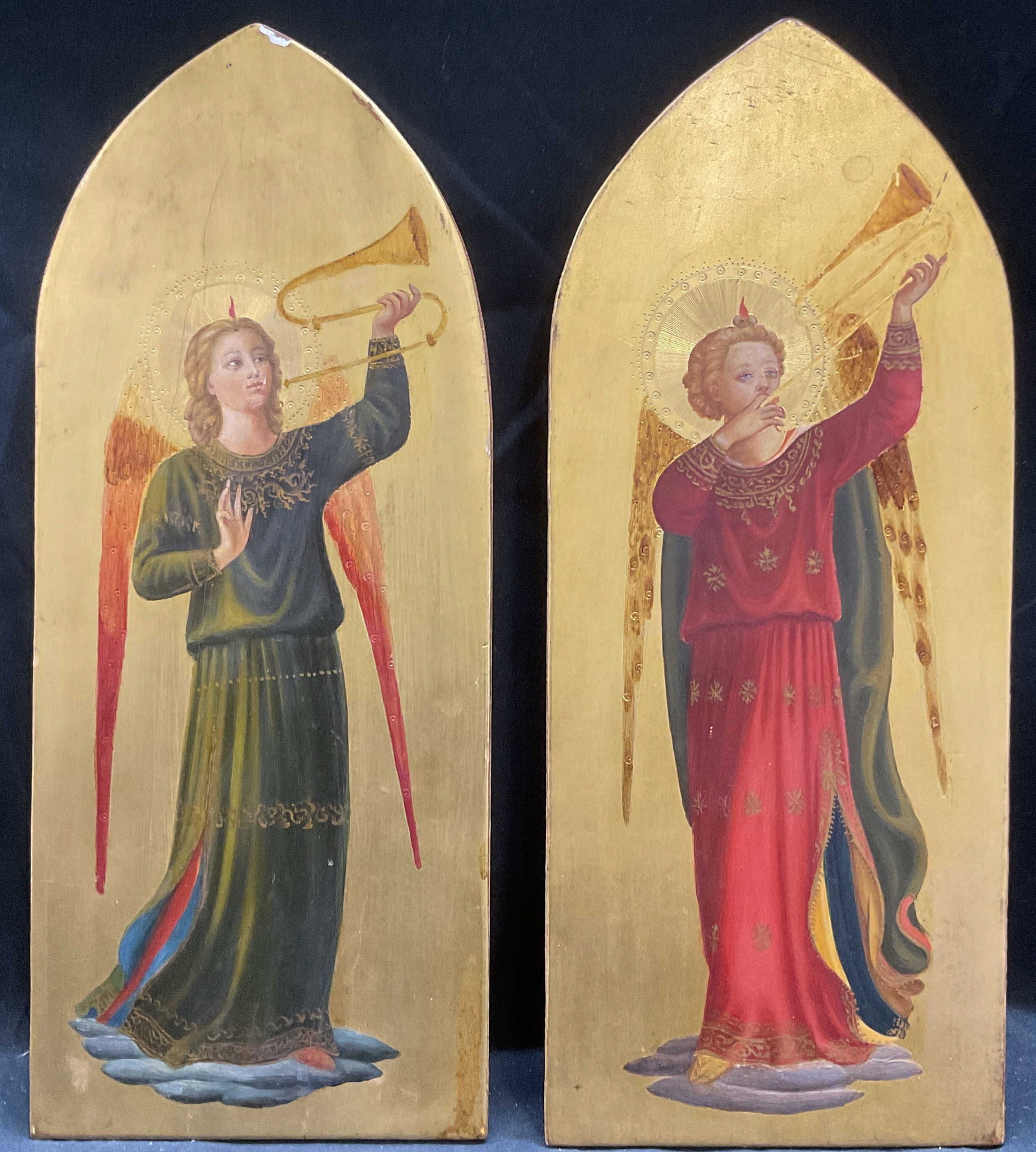 Pair Annunciatory Angels Gilt Oil Paintings 13.5in (1 of 9)