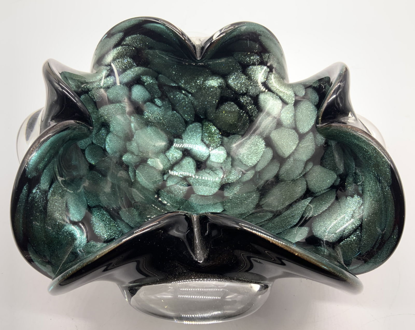 Vntg MURANO Gls Candy Bowl w Teal Fleck (1 of 8)