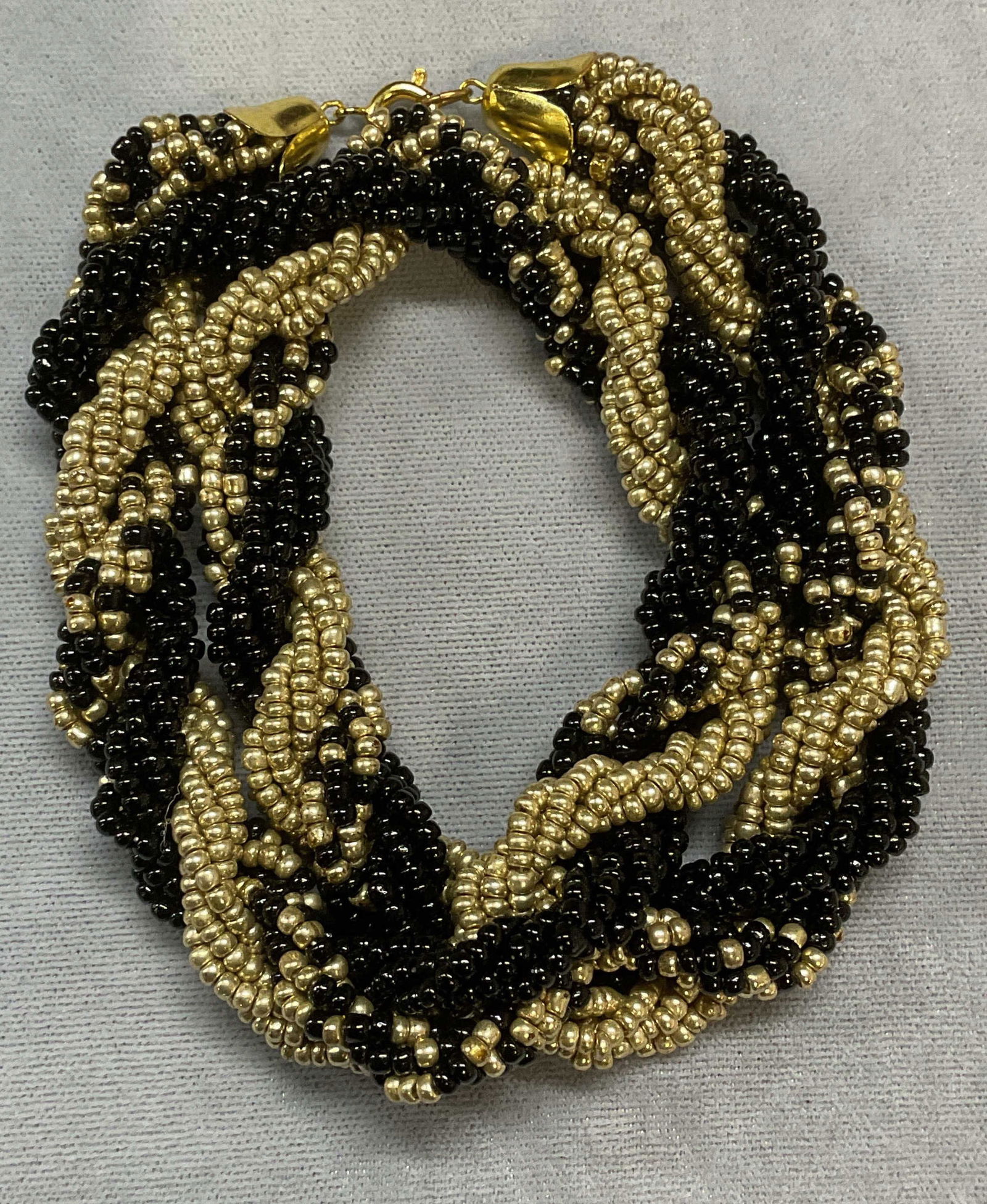 Vtg Black & Gold Tone Seed Bead Choker Necklace (1 of 7)