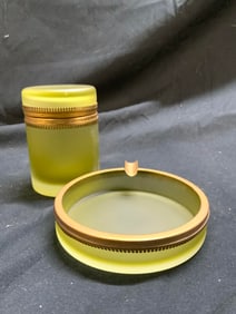 Atq Set 2 Opaline Gls Casket Box & Ash Tray