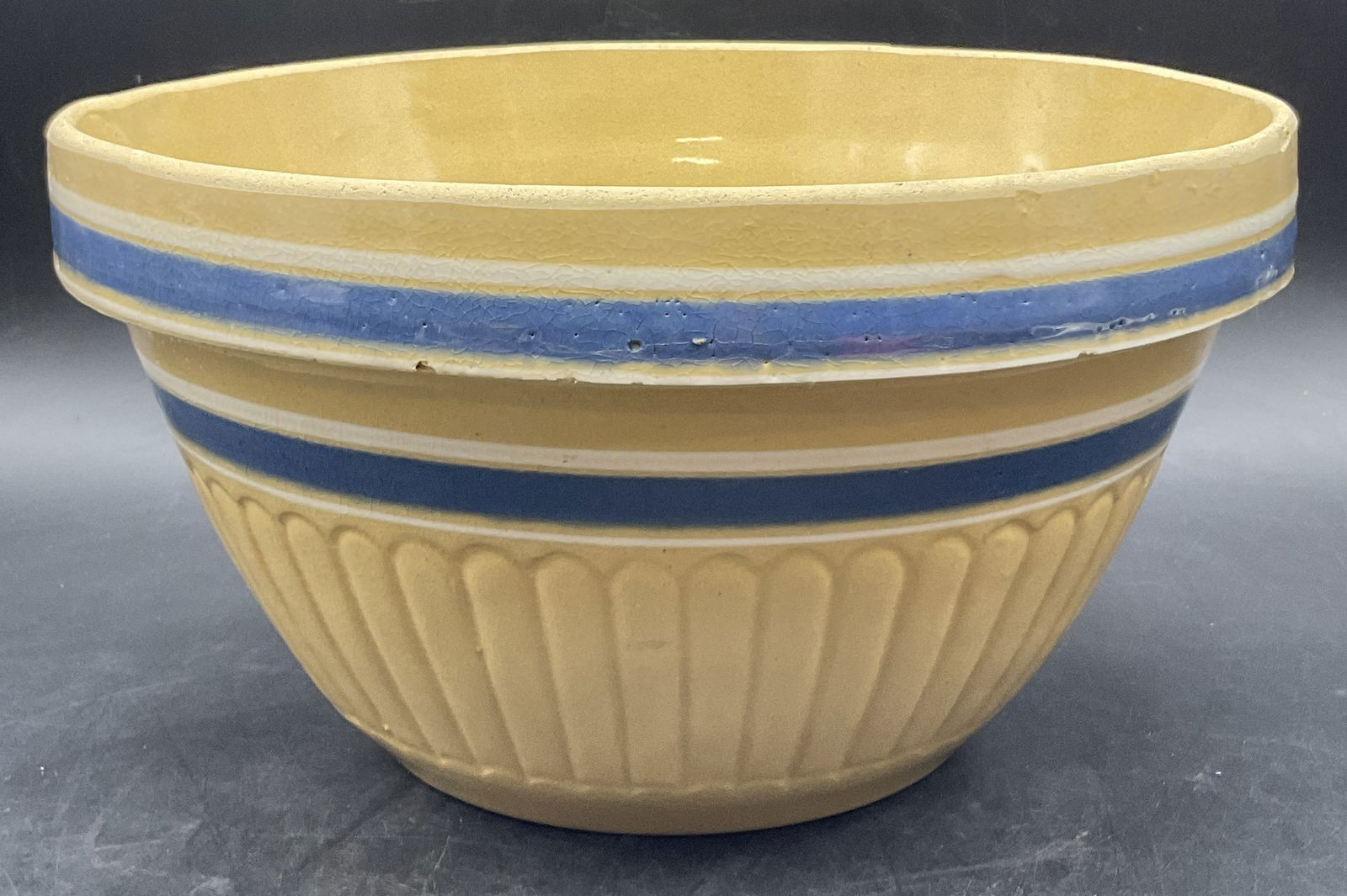 Vintage Blue & White Band Yellowware Pottery Bowl (1 of 9)