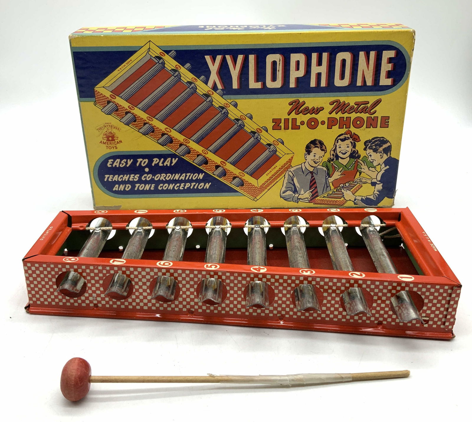 Vntg AMERICAN TOYS Metal Xylophone Zilophone Bx US (1 of 10)