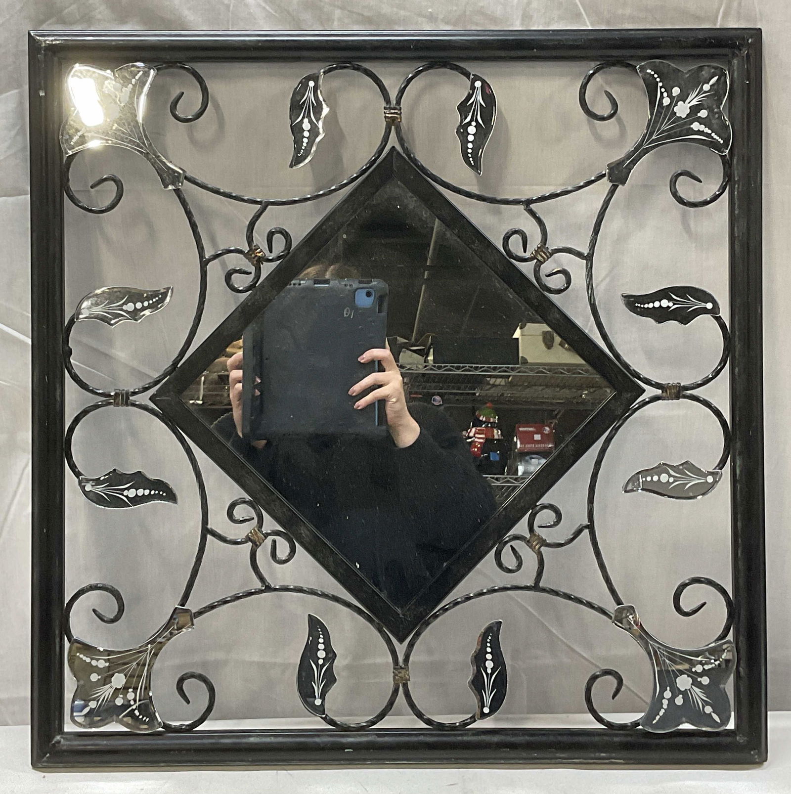 Vintage Black Cast Iron Botanical Wall Mirror (1 of 7)