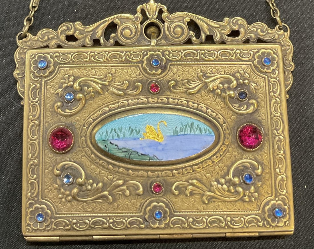 Vtg Gold Tone Guilloche Crystal Cosmetic Compact (1 of 10)