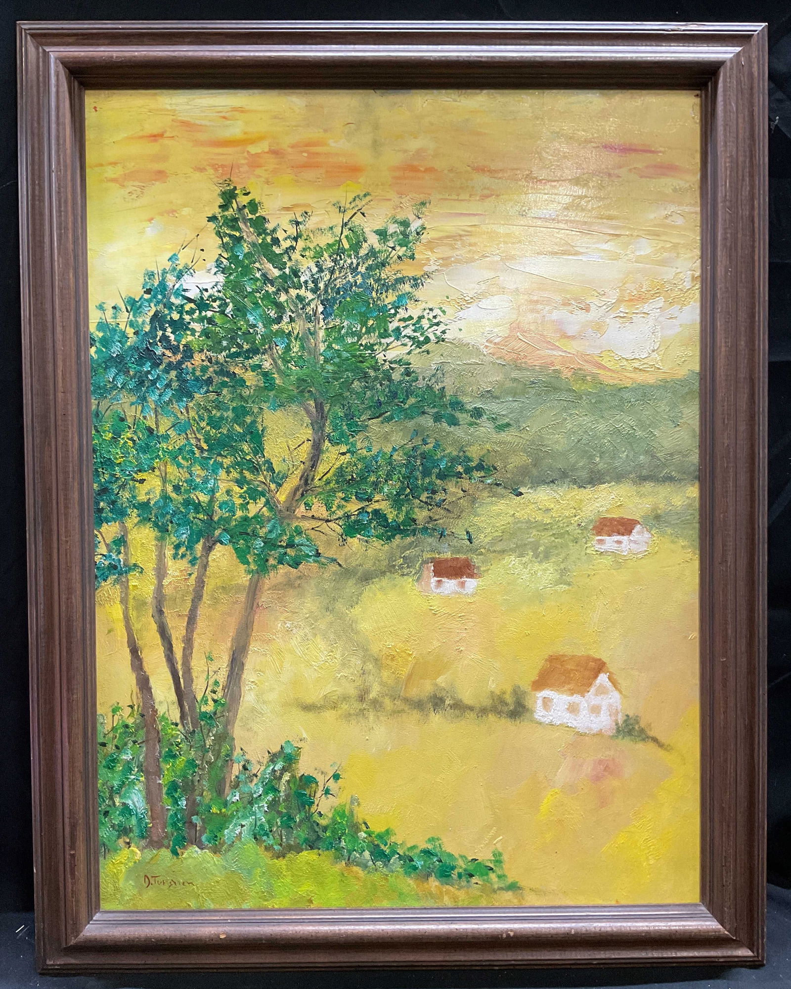 Signed Turshen Pastoral Landscape Oil Painting: Framed oil on Masonite painting. Signed at lower left, D. Turshen. Pastoral landscape scene in yellow with view of houses and trees. Wood frame. Not examined out of frame. Frame measures approx 27.5 x