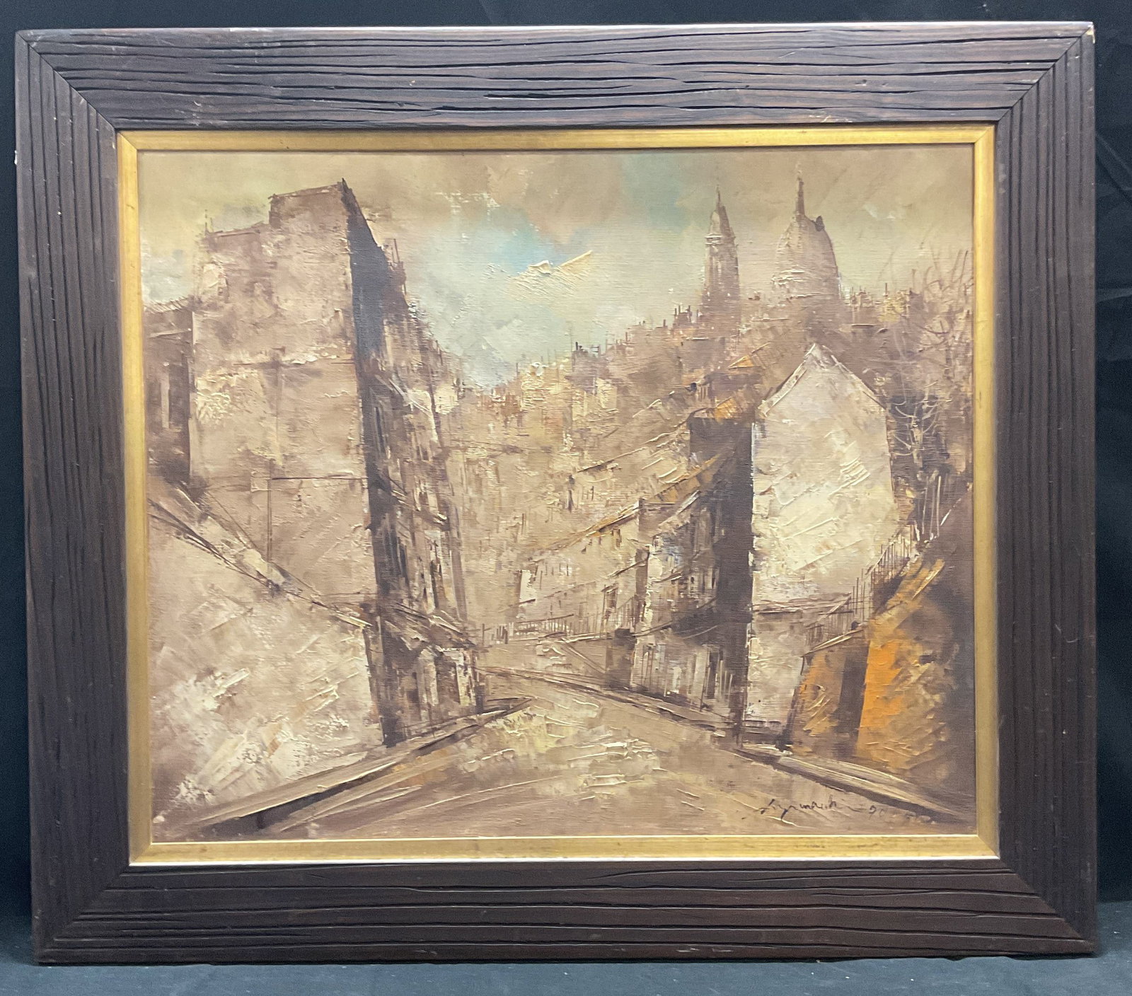Signed Framed Urban Street Scene Oil Painting 1970: Framed oil on canvas painting. Signed at lower illegibly, dated 1970. Urban scene with view of street and buildings. Neutral palette of beige, brown, orange and blue. Wood frame with gilt accent. Not 