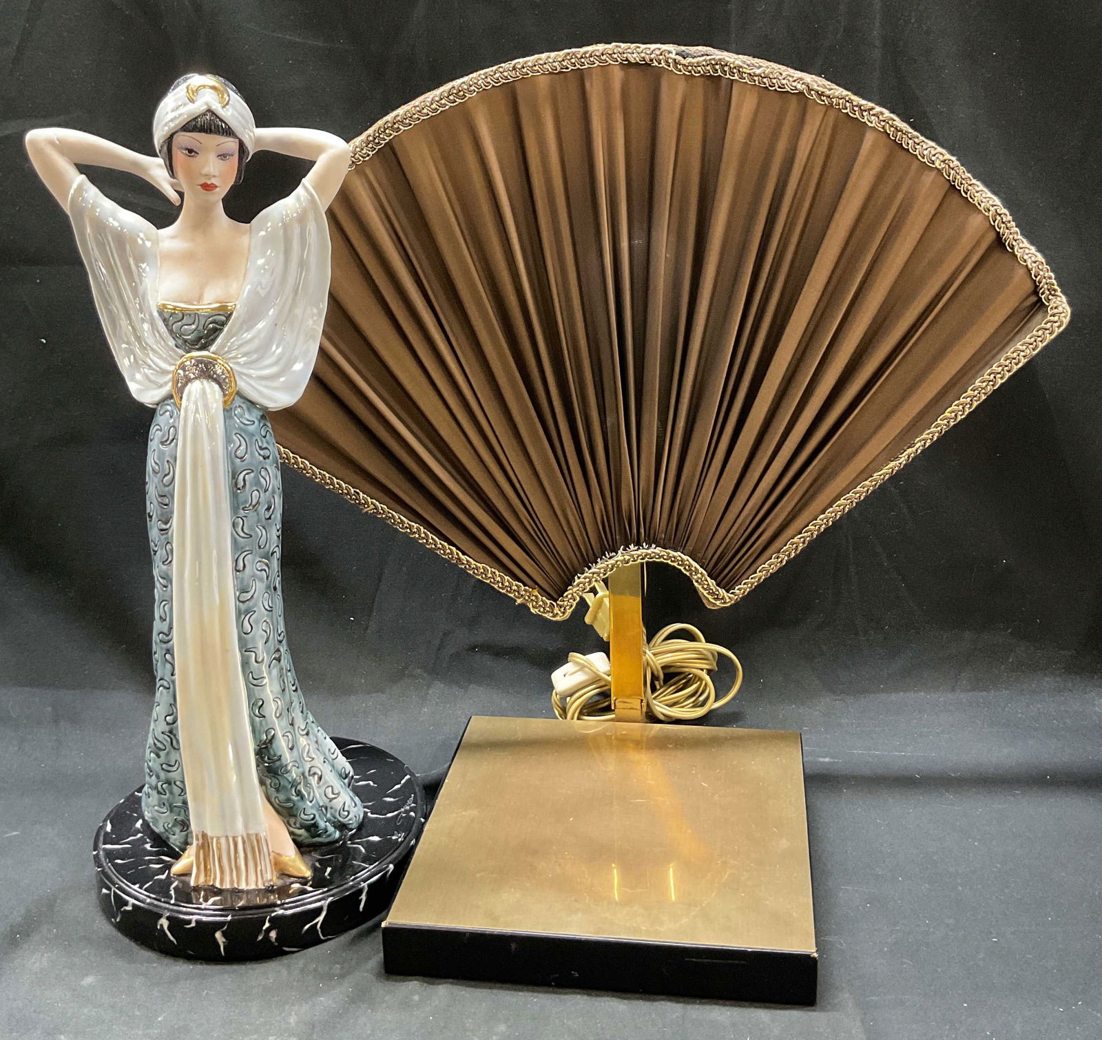 2 Vtg Sgn Porc Figure & Fan Lamp Capodimonte &More: Lot 2 vintage Capodimonte Edoardo Tasca limited edition porcelain figure and fan lamp. Lot includes one hand painted burlesque dancer adorned in a dress with gilt accents, and one Hollywood regency st