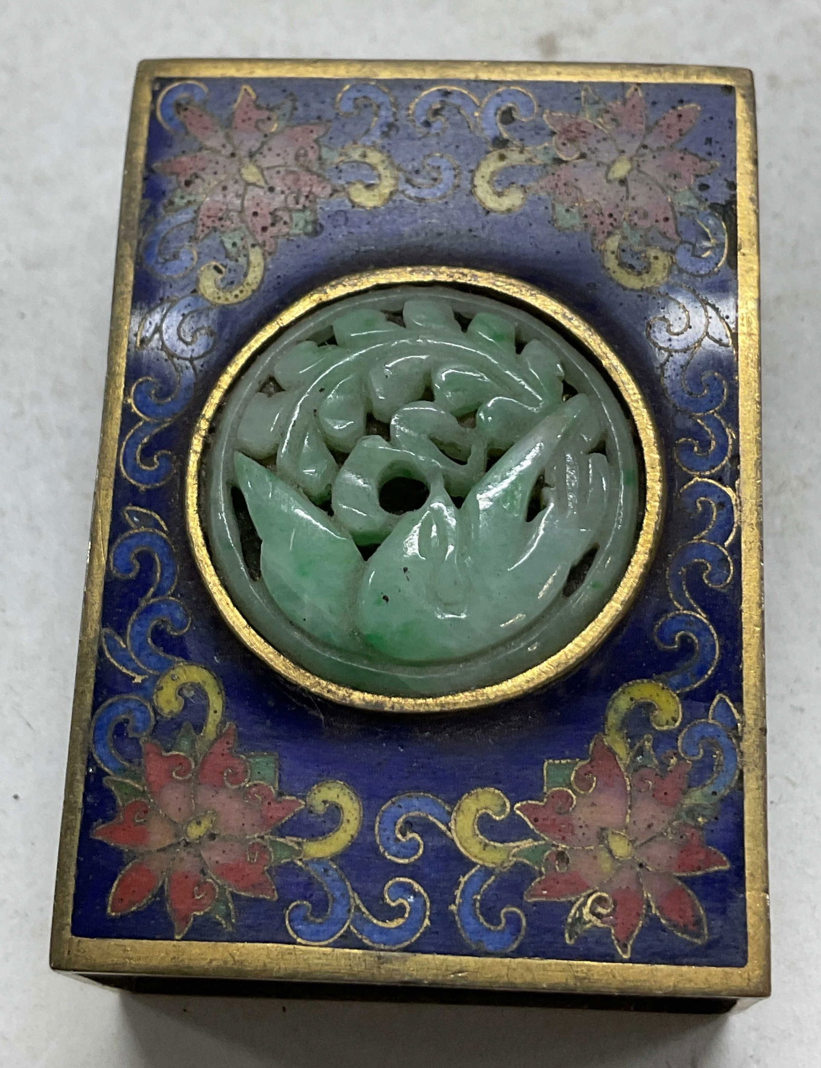 Atq Chinese Brass Carved Jade Enamel Matchbox Case (1 of 8)