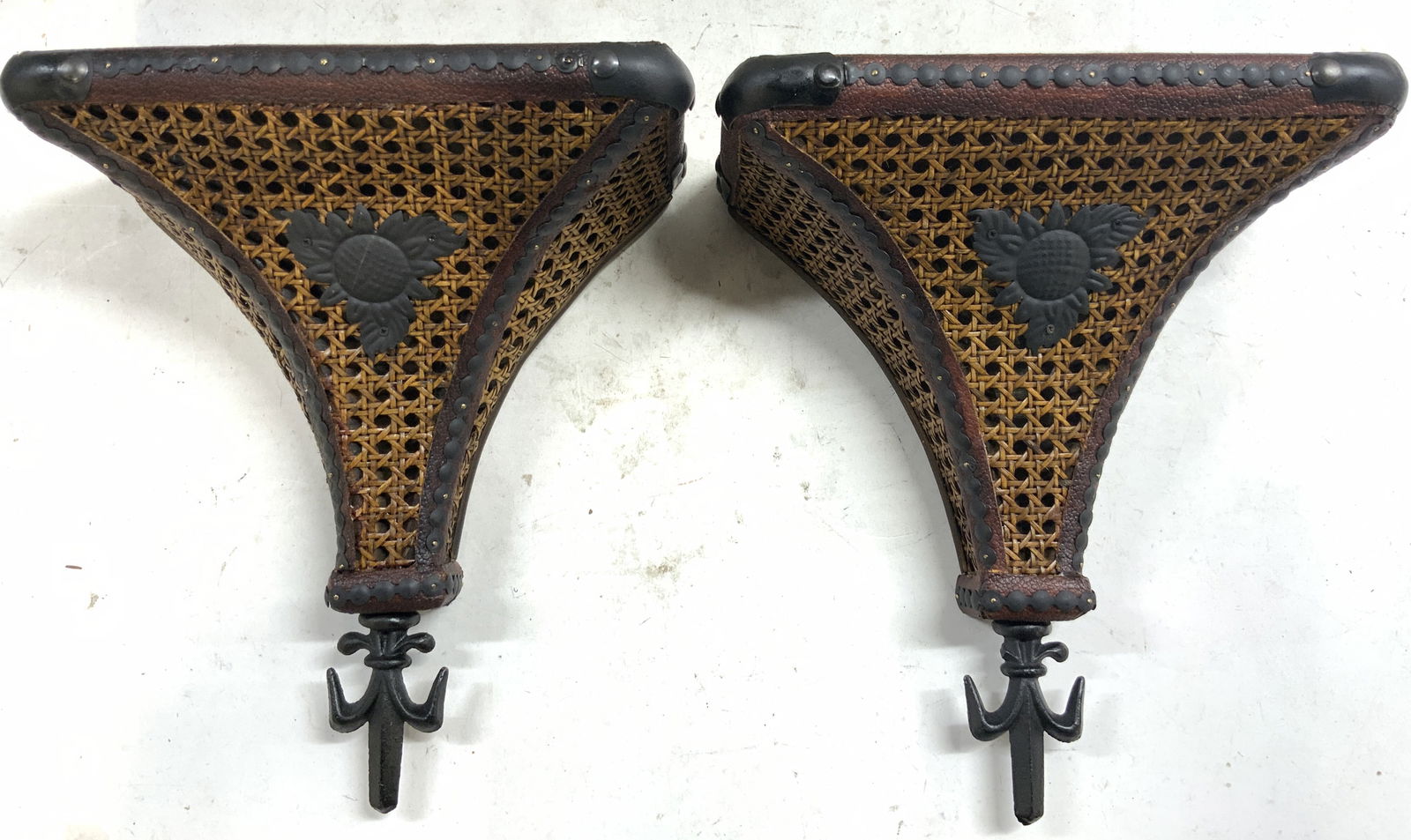 Vtg Pr Wood Caned & Metal Wall Shelves (1 of 9)