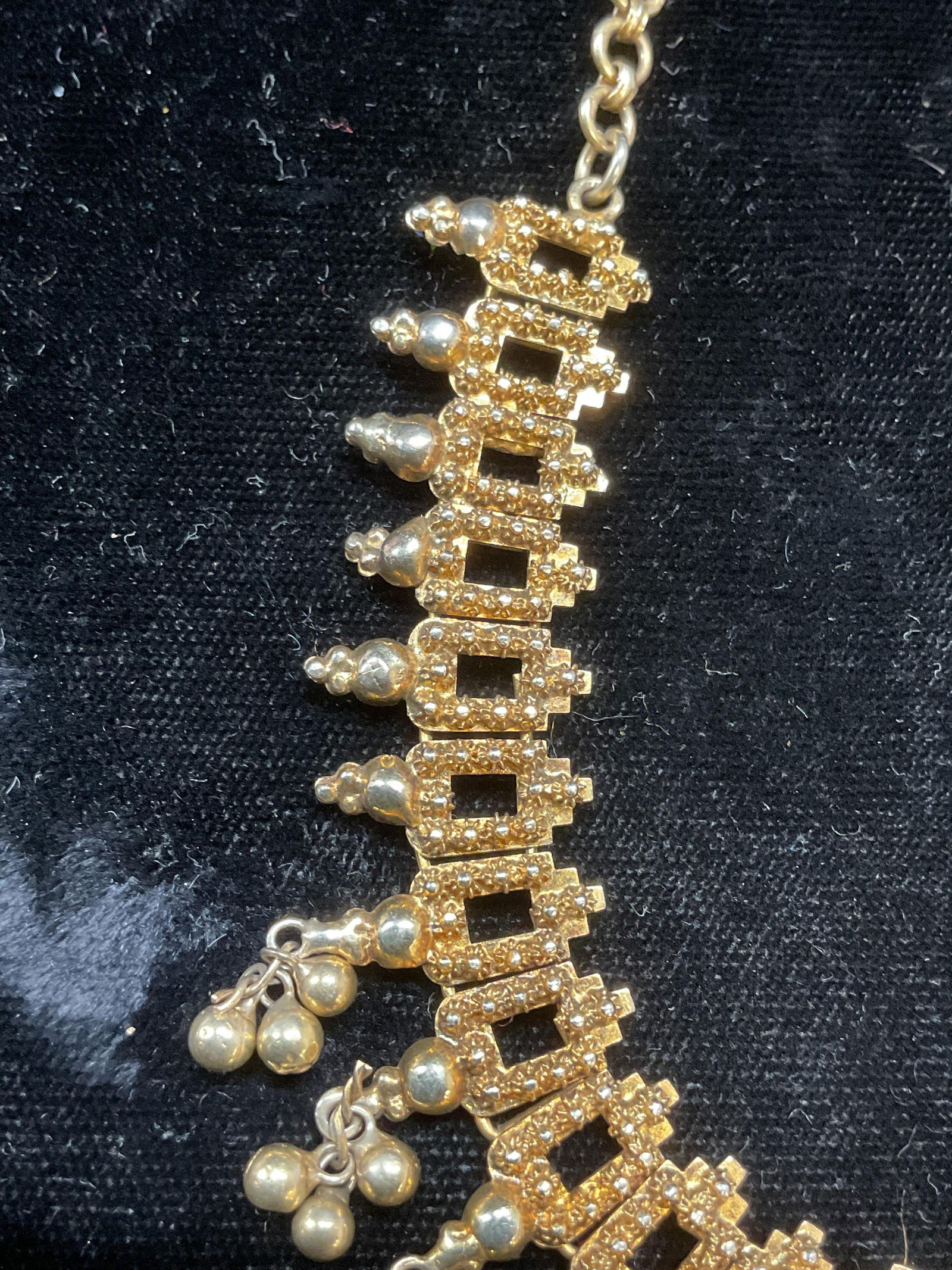 Vintage Gold Pl Sterling Silver Necklace: Vintage gold plated sterling silver necklace. Decorative panels with beaded accents. Drop length approx 6 inches. Tests for silver using acid test. Total weight 24.5 grams. Some wear including scratch