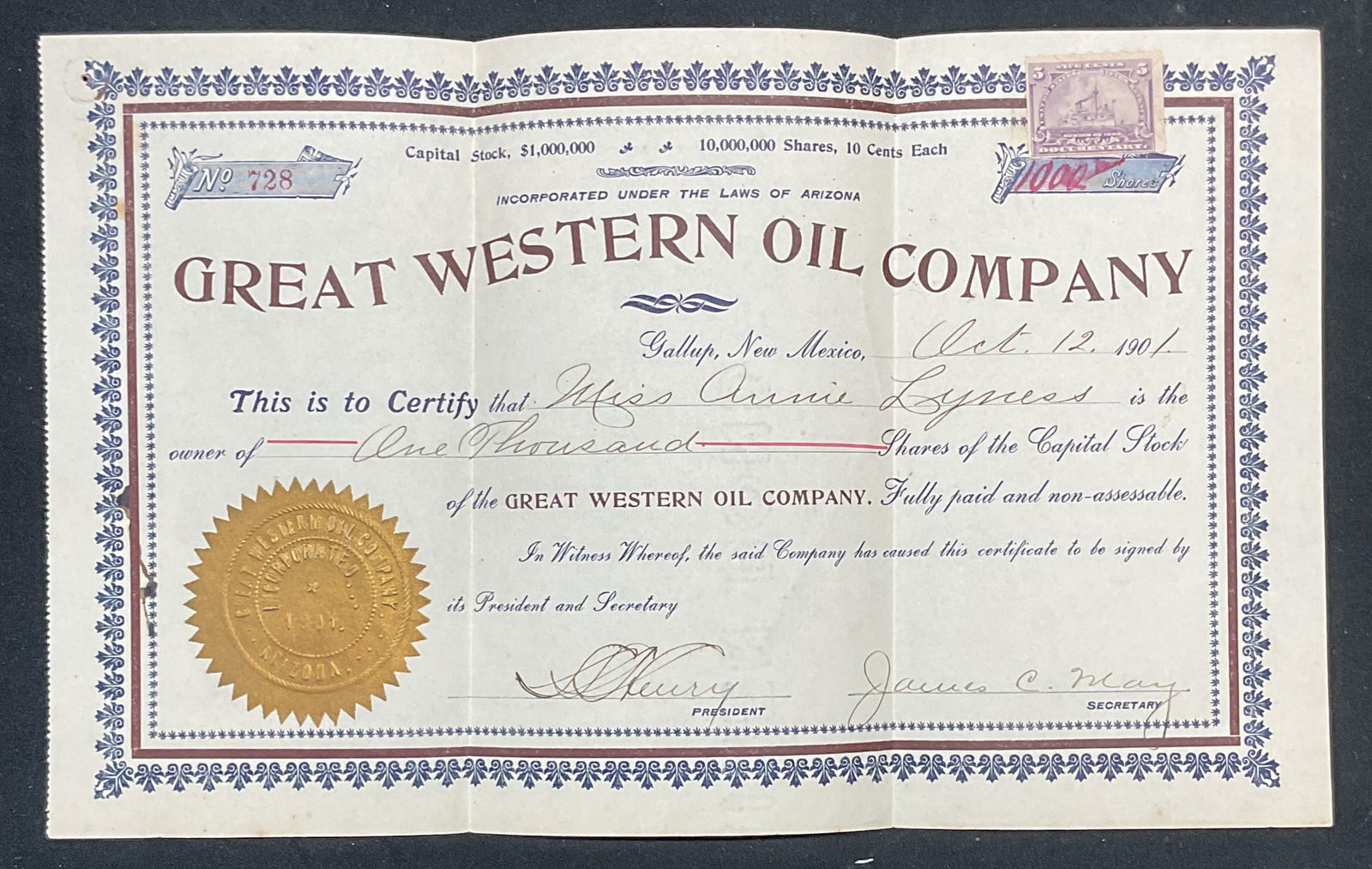Antique 1901 Great Western Oil Stock Certificate (1 of 6)