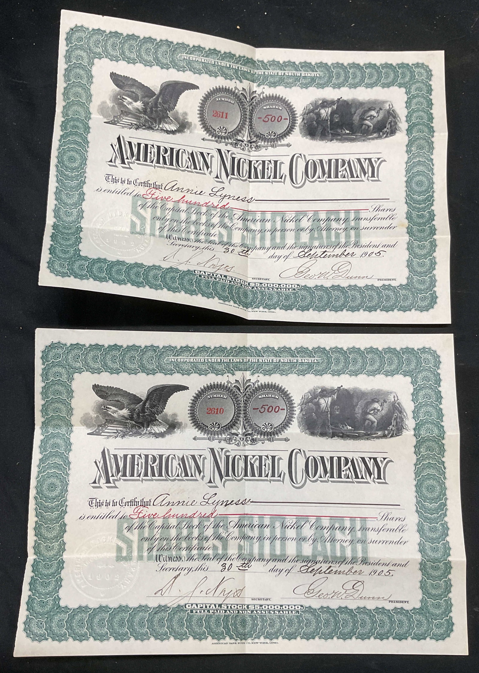 Lot 2 1905 American Nickel Co Stock Certificate: 2 Antique stock certificates, dated 1905. Issued by The American Nickel Company, South Dakota. Printed certificates with hand written inscriptions and embossed seals. Purchase in the amount of 500 sha